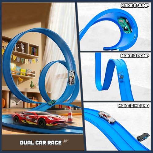 HGEVFL 15.75 Ft Flex Track for Kids – Roll-Up Race Track with 4 Cars, Suction Cups & Anchors (Blue)