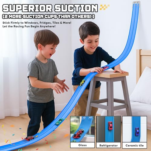 HGEVFL 15.75 Ft Flex Track for Kids – Roll-Up Race Track with 4 Cars, Suction Cups & Anchors (Blue)