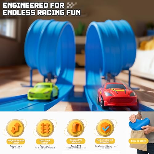 HGEVFL 15.75 Ft Flex Track for Kids – Roll-Up Race Track with 4 Cars, Suction Cups & Anchors (Blue)