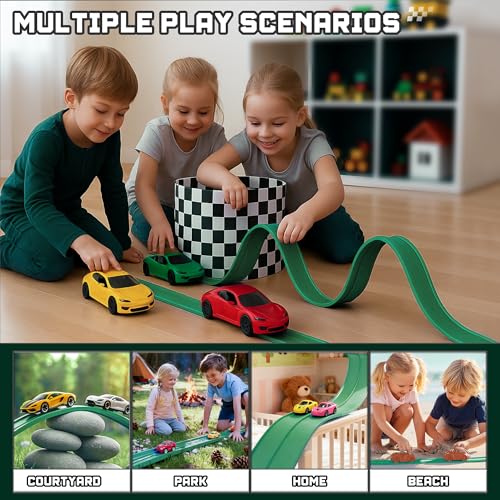 HGEVFL 15.75 Ft Flex Track for Kids – Roll-Up Portable Race Track, 4 Cars, Green