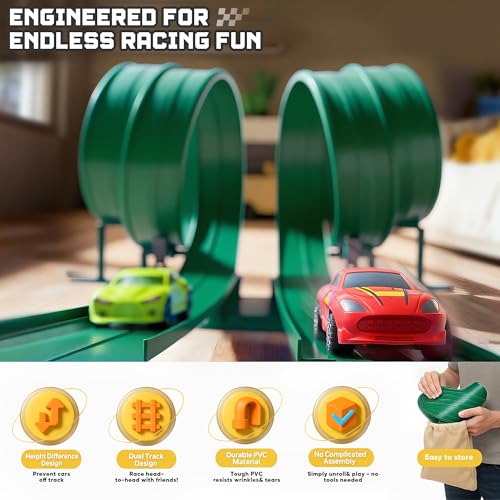 HGEVFL 15.75 Ft Flex Track for Kids – Roll-Up Portable Race Track, 4 Cars, Green