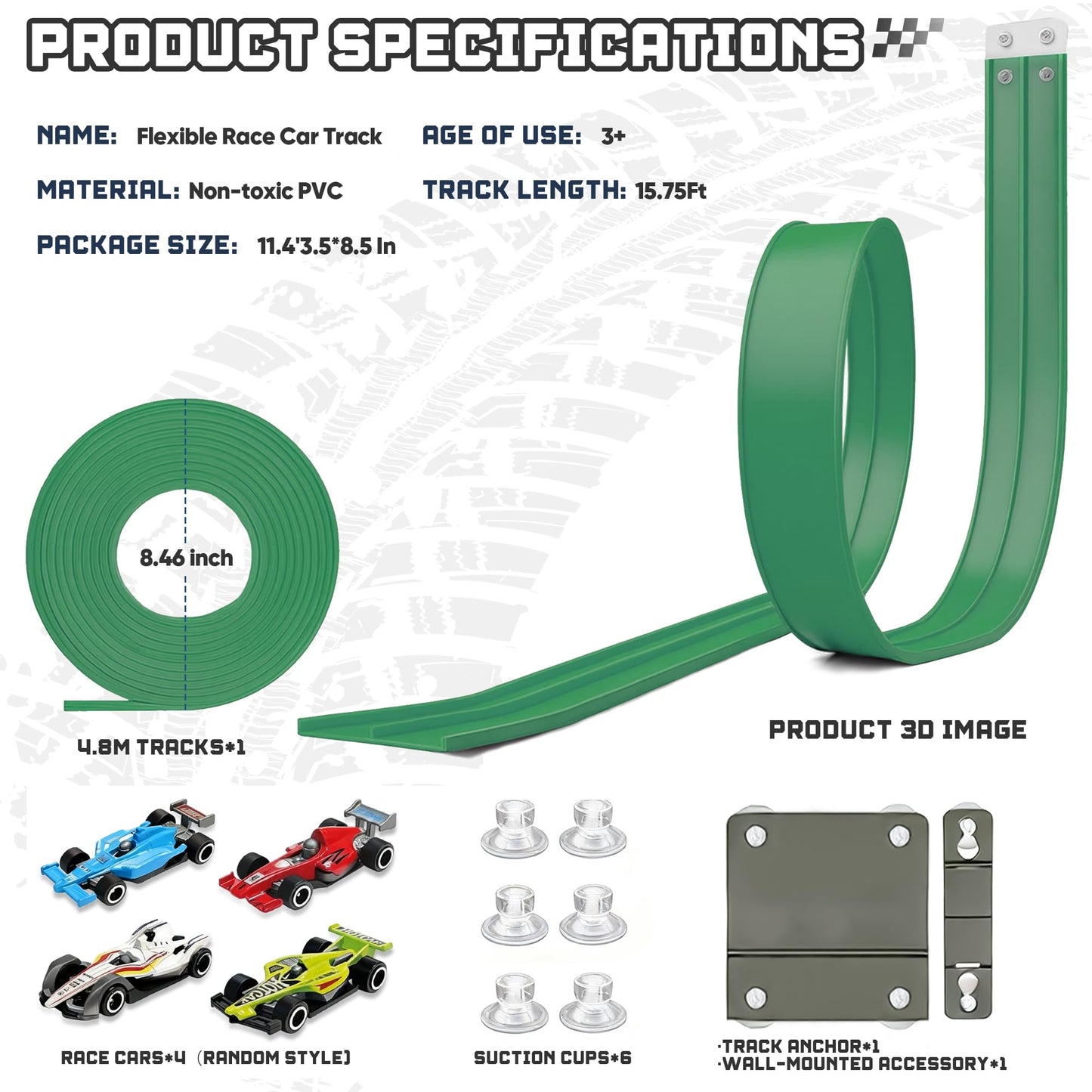 HGEVFL 15.75 Ft Flex Track for Kids – Roll-Up Portable Race Track, 4 Cars, Green
