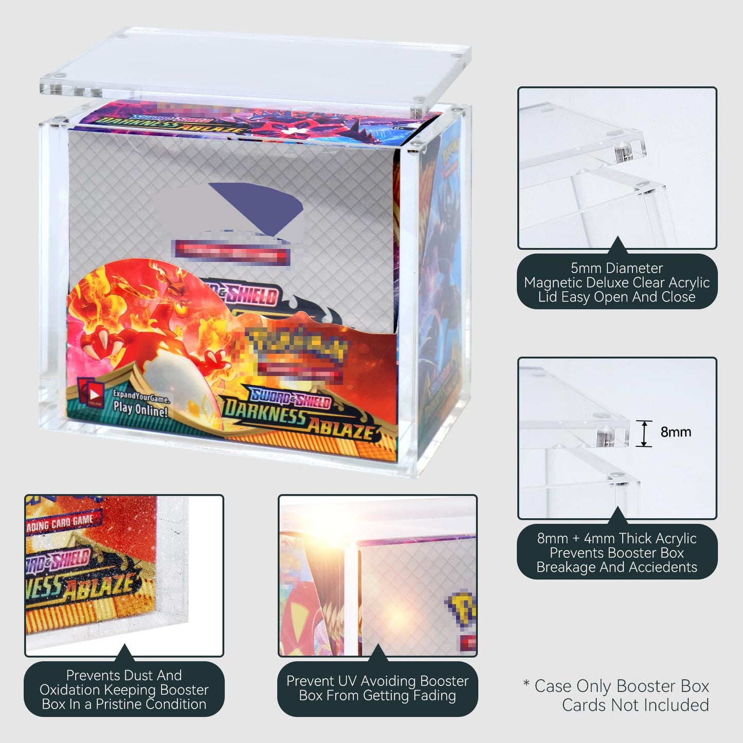 HgiVroskelia Booster Box Acrylic Case — 8mm + 4mm Thick Clear, Magnetic Closure, PKMN Compatible