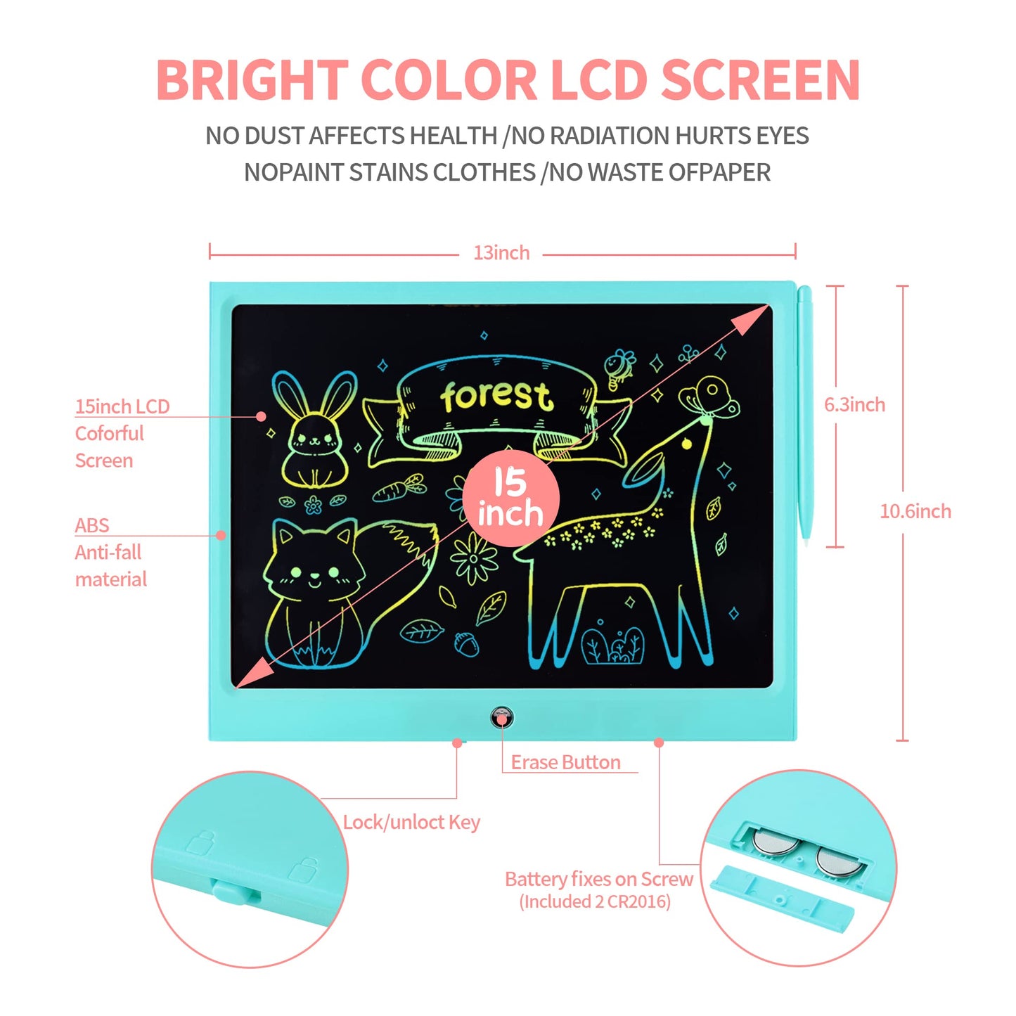 HHN LCD Writing Tablet 15-Inch – Colorful Doodle Board for Kids 3+ | Erasable Learning Toy