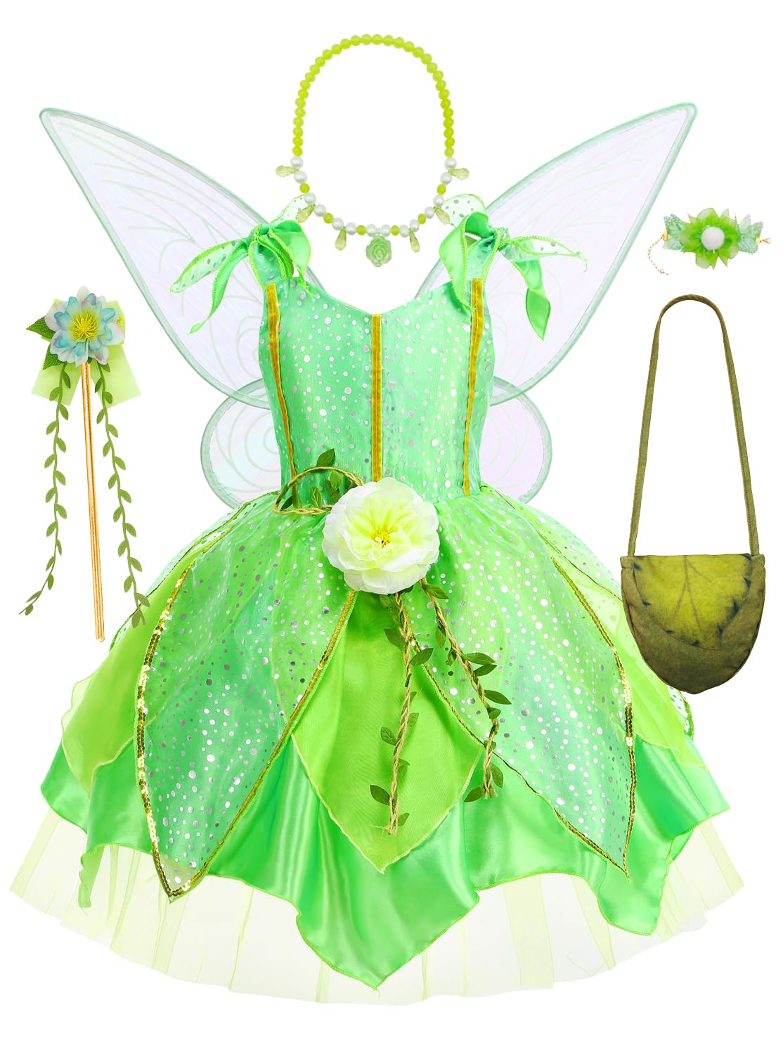 HHYTOKKI Fairy Princess Costume Set with Wings – Girls Forest Dress & Floral Accessories (3-10Y)