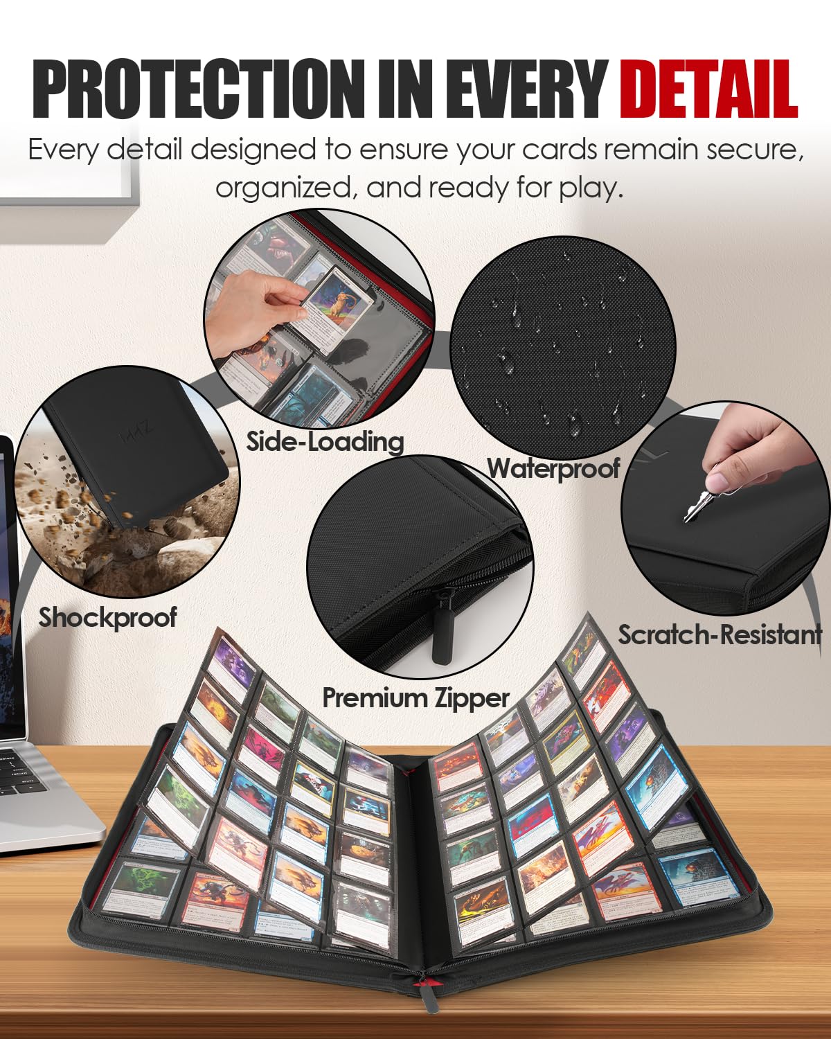 HHZ 16-Pocket Card Binder | 832-Card Capacity, Side-Loading PU Leather Binder for MTG, PKM, TCG & Sports Cards