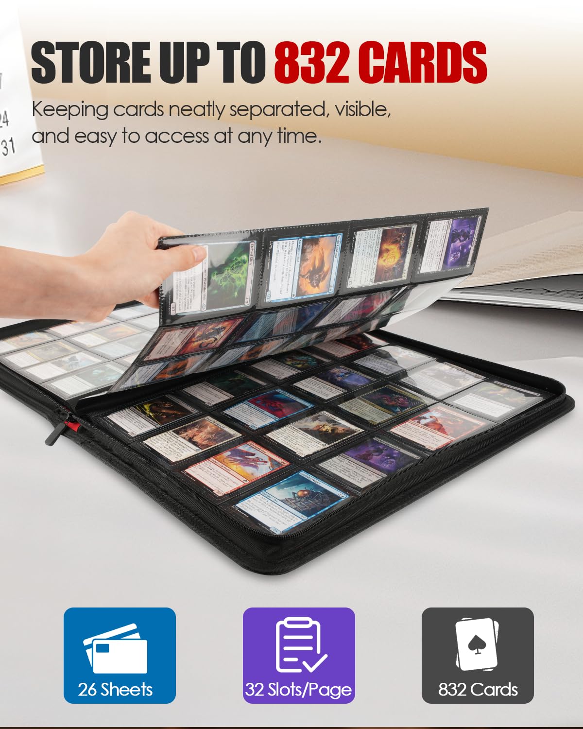 HHZ 16-Pocket Card Binder | 832-Card Capacity, Side-Loading PU Leather Binder for MTG, PKM, TCG & Sports Cards