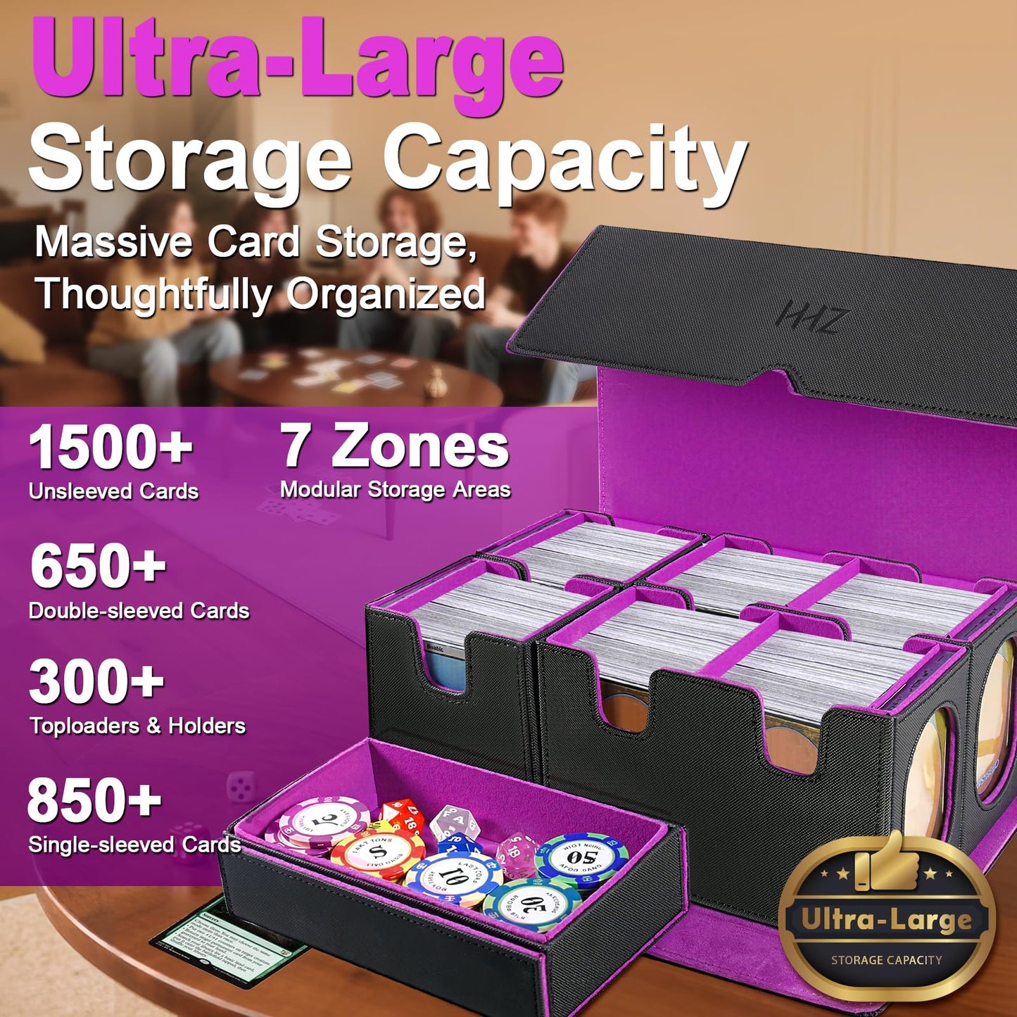 HHZ Commander Deck Box for MTG – 7-in-1 Waterproof Leather Storage, 1500+ Cards, Purple