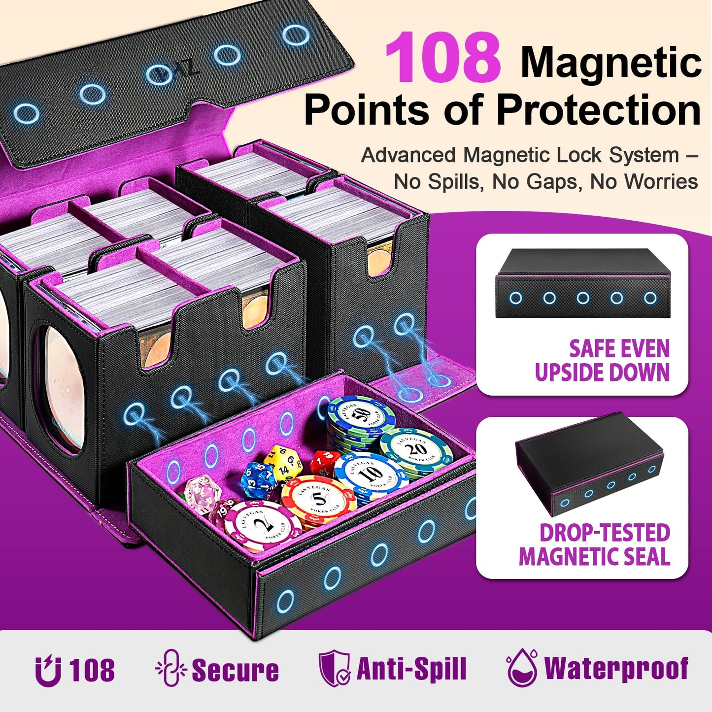 HHZ Commander Deck Box for MTG – 7-in-1 Waterproof Leather Storage, 1500+ Cards, Purple