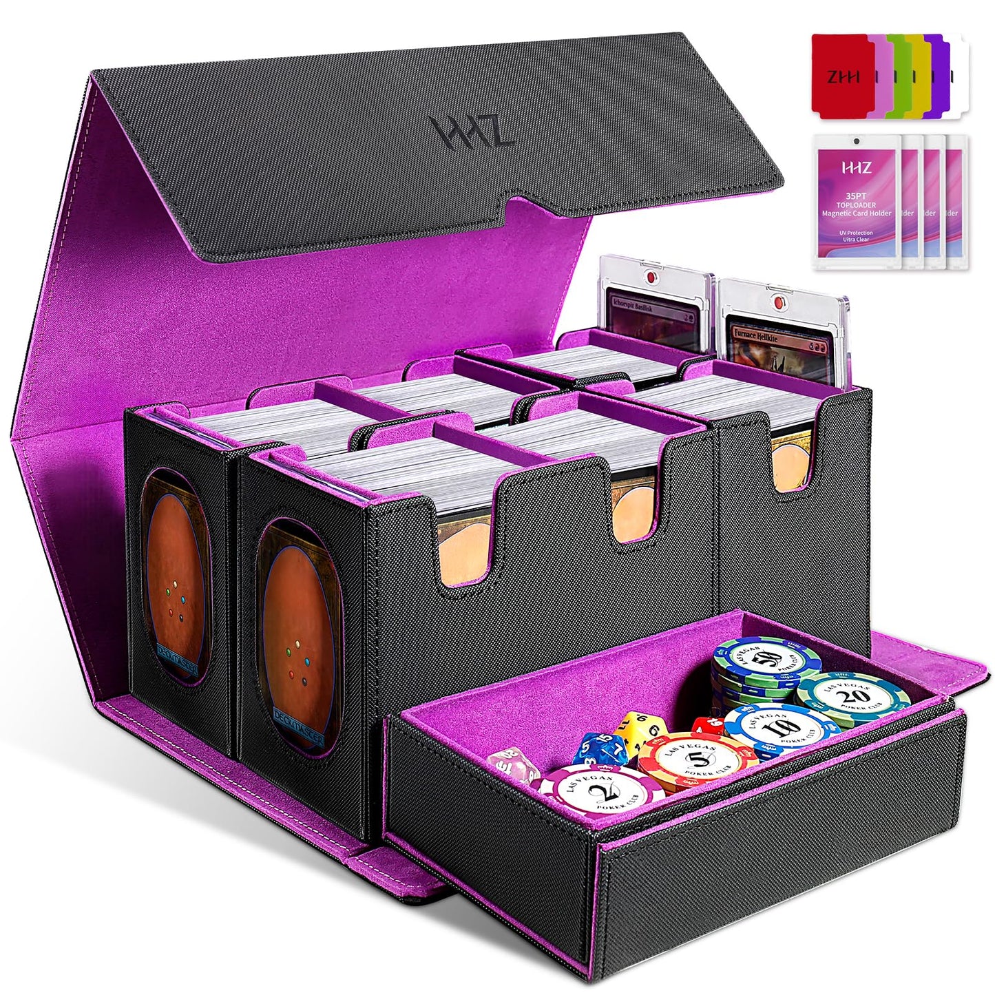 HHZ Commander Deck Box for MTG – 7-in-1 Waterproof Leather Storage, 1500+ Cards, Purple