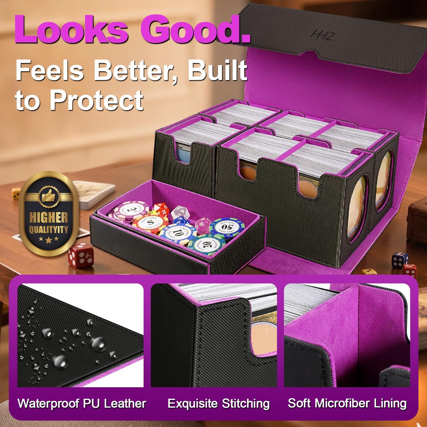 HHZ Commander Deck Box for MTG – 7-in-1 Waterproof Leather Storage, 1500+ Cards, Purple