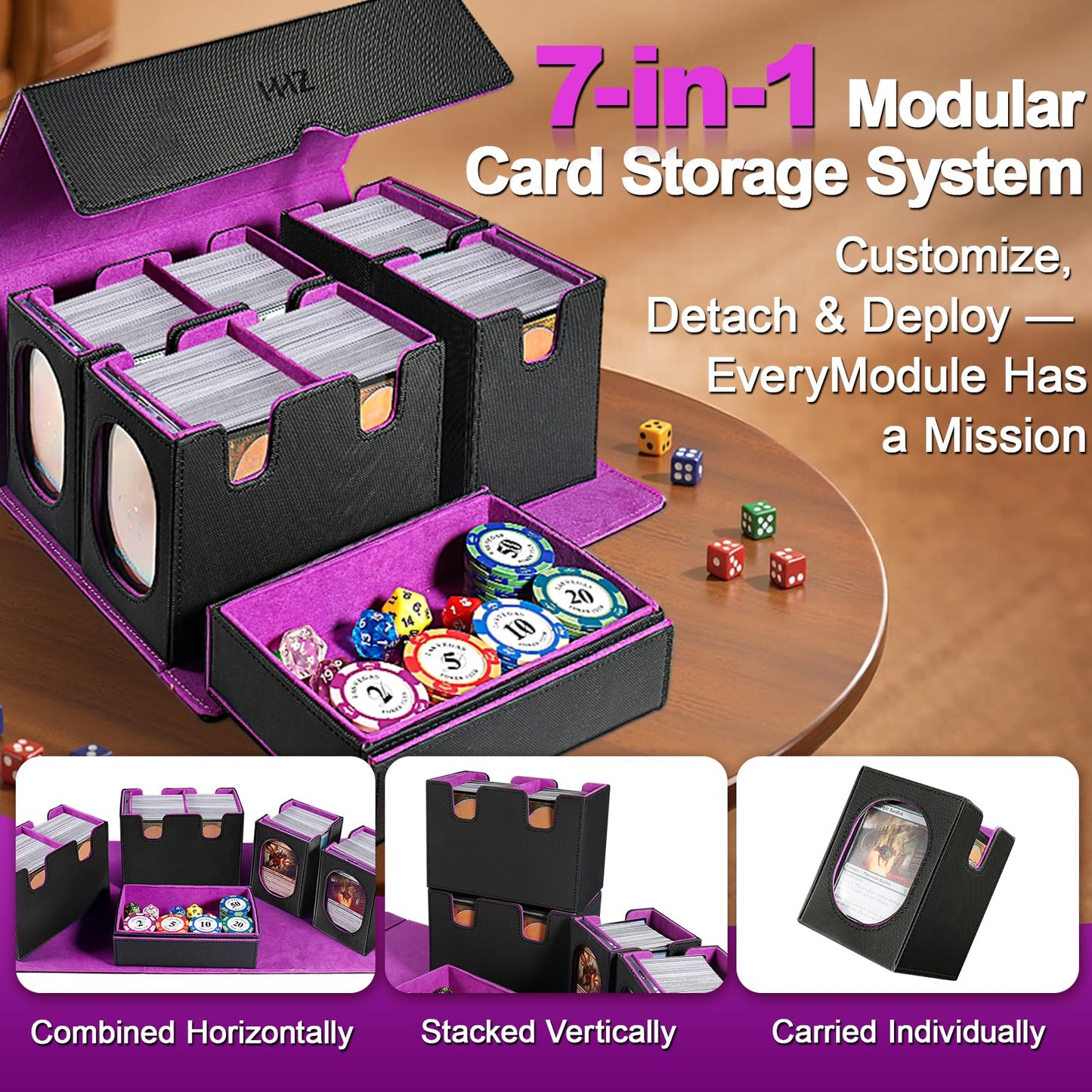 HHZ Commander Deck Box for MTG – 7-in-1 Waterproof Leather Storage, 1500+ Cards, Purple