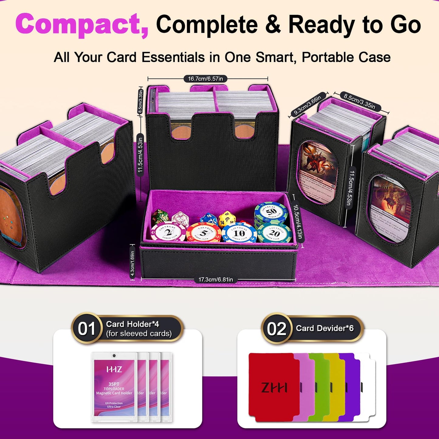 HHZ Commander Deck Box for MTG – 7-in-1 Waterproof Leather Storage, 1500+ Cards, Purple