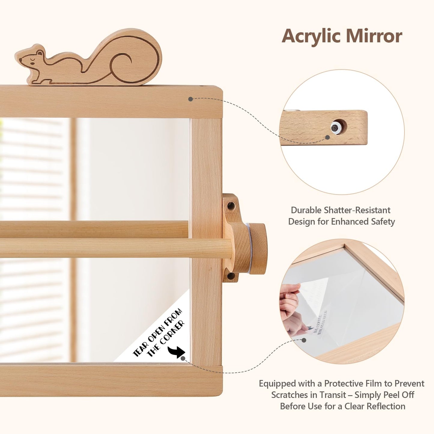 HI BABY MONMENT Montessori Mirror with Bar | Detachable Wooden Frame & Safe Wall Mount