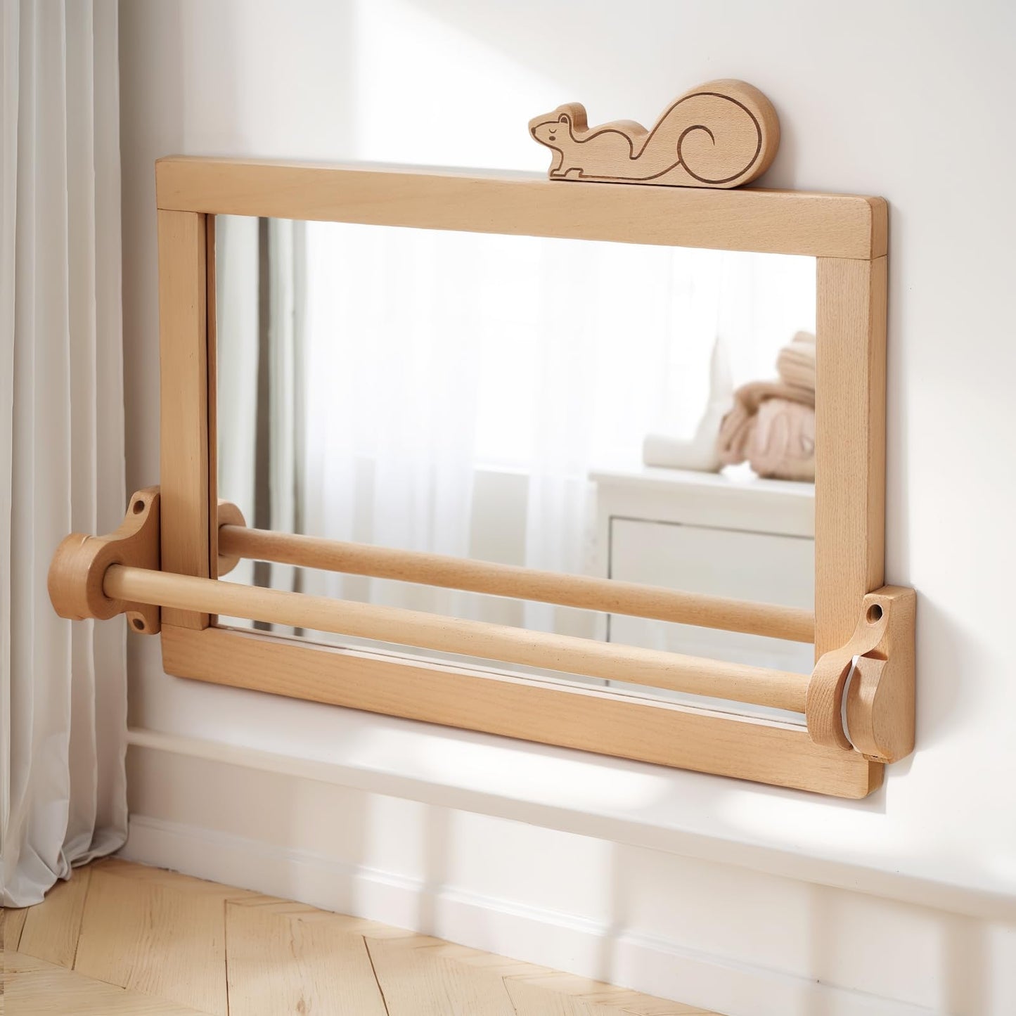 HI BABY MONMENT Montessori Mirror with Bar | Detachable Wooden Frame & Safe Wall Mount