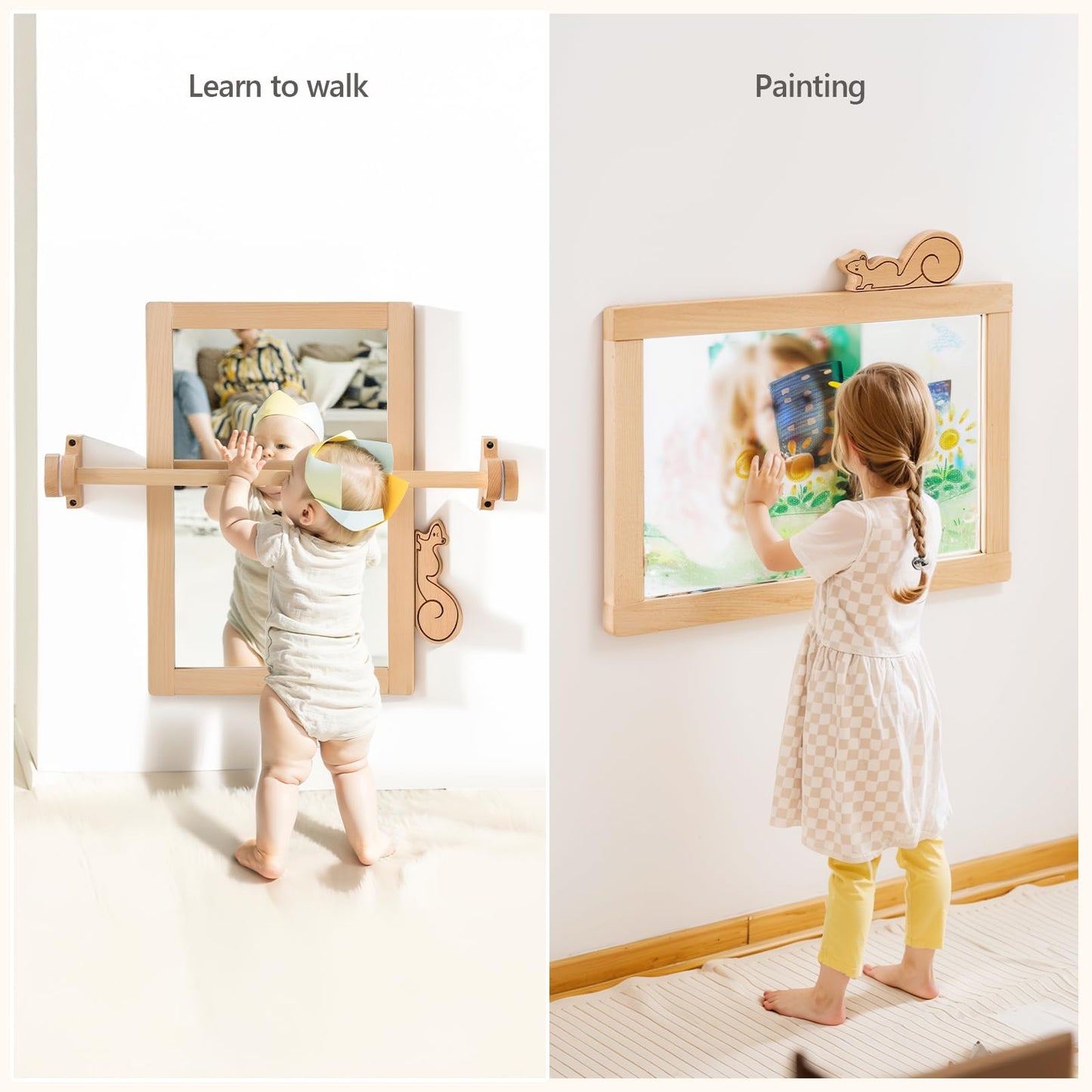 HI BABY MONMENT Montessori Mirror with Bar | Detachable Wooden Frame & Safe Wall Mount