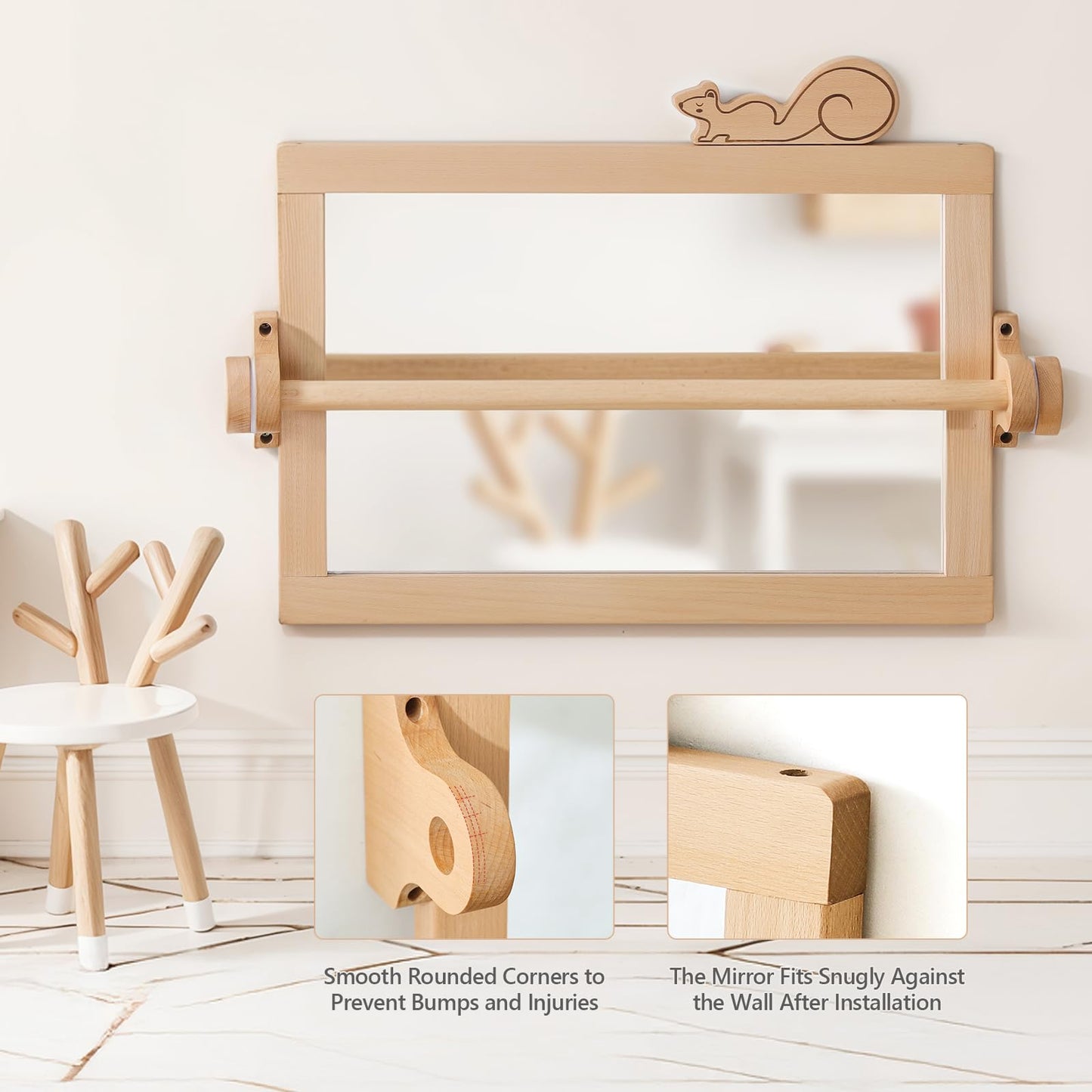 HI BABY MONMENT Montessori Mirror with Bar | Detachable Wooden Frame & Safe Wall Mount