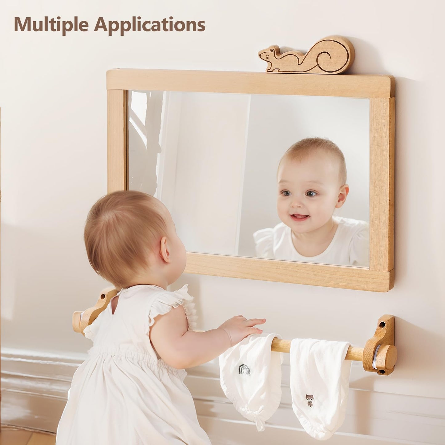 HI BABY MONMENT Montessori Mirror with Bar | Detachable Wooden Frame & Safe Wall Mount