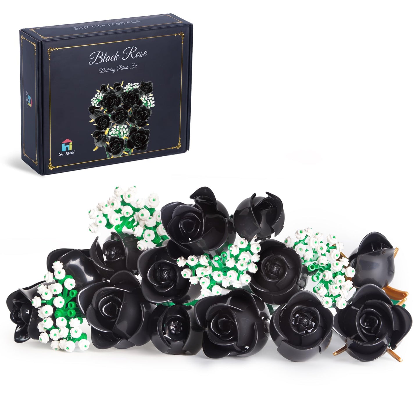 HI-REEKE Black Rose Bouquet Building Block Set – 660PCS Gothic Artificial Flowers for Home Decor