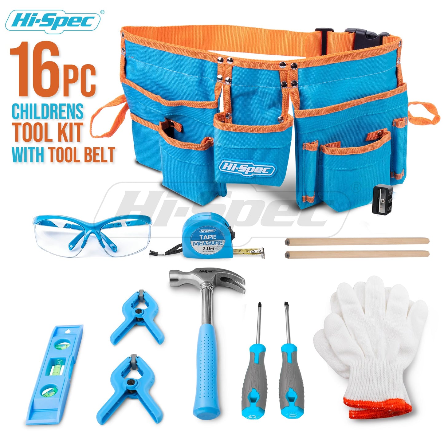 Hi-Spec 16pc Kids Tool Set with Tool Belt – Child-Sized DIY Kit for STEM, Blue