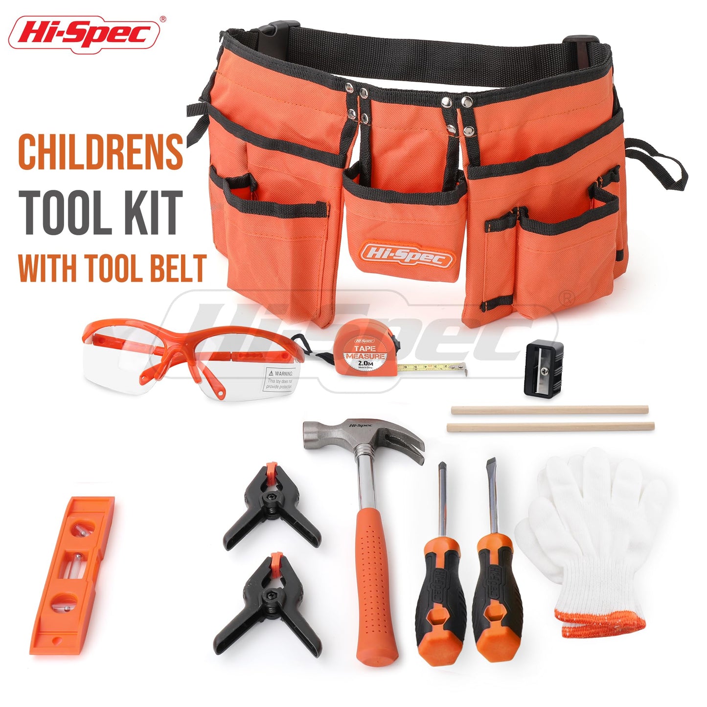 Hi-Spec 16pc Orange Kids Tool Kit & Child Size Tool Belt – Real Tools for DIY & Woodworking
