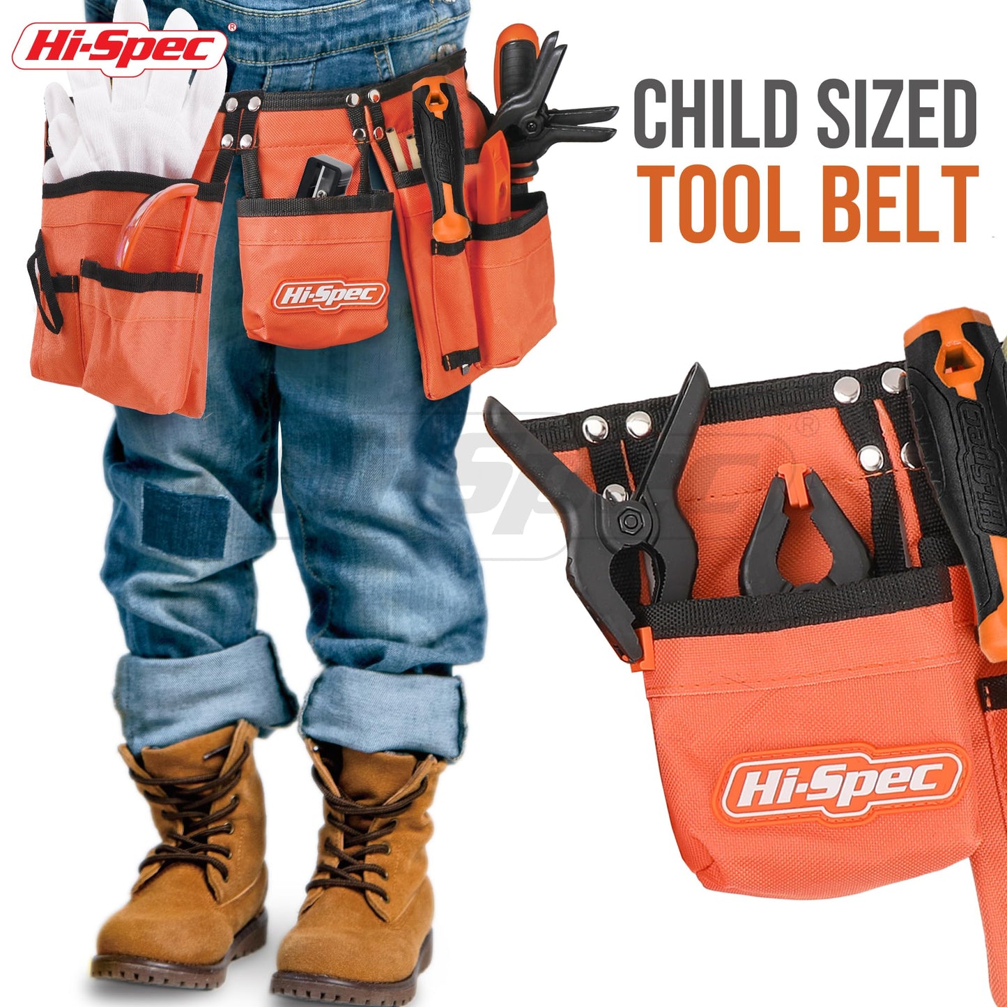 Hi-Spec 16pc Orange Kids Tool Kit & Child Size Tool Belt – Real Tools for DIY & Woodworking