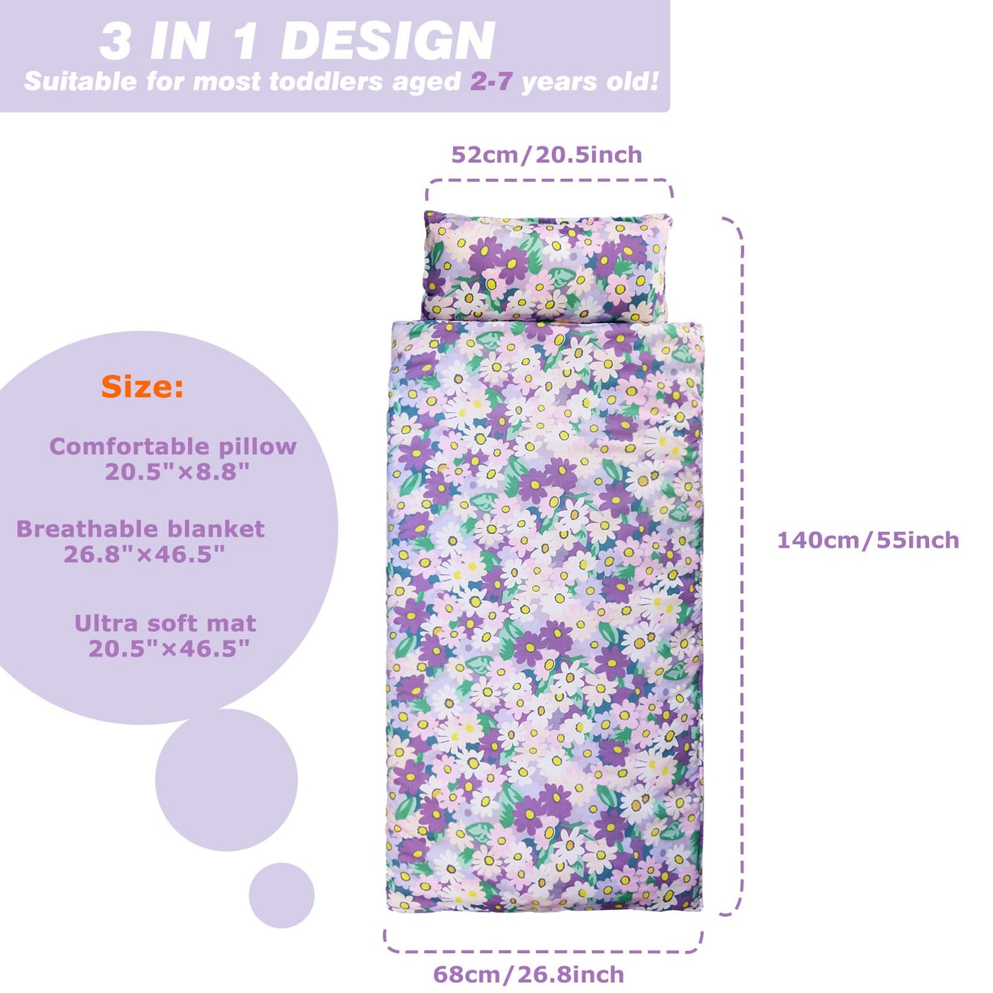 Hi Sprout Nap Mat with Removable Pillow & Soft Blanket | 3-in-1 Travel Slumber (Blooming Flowers)