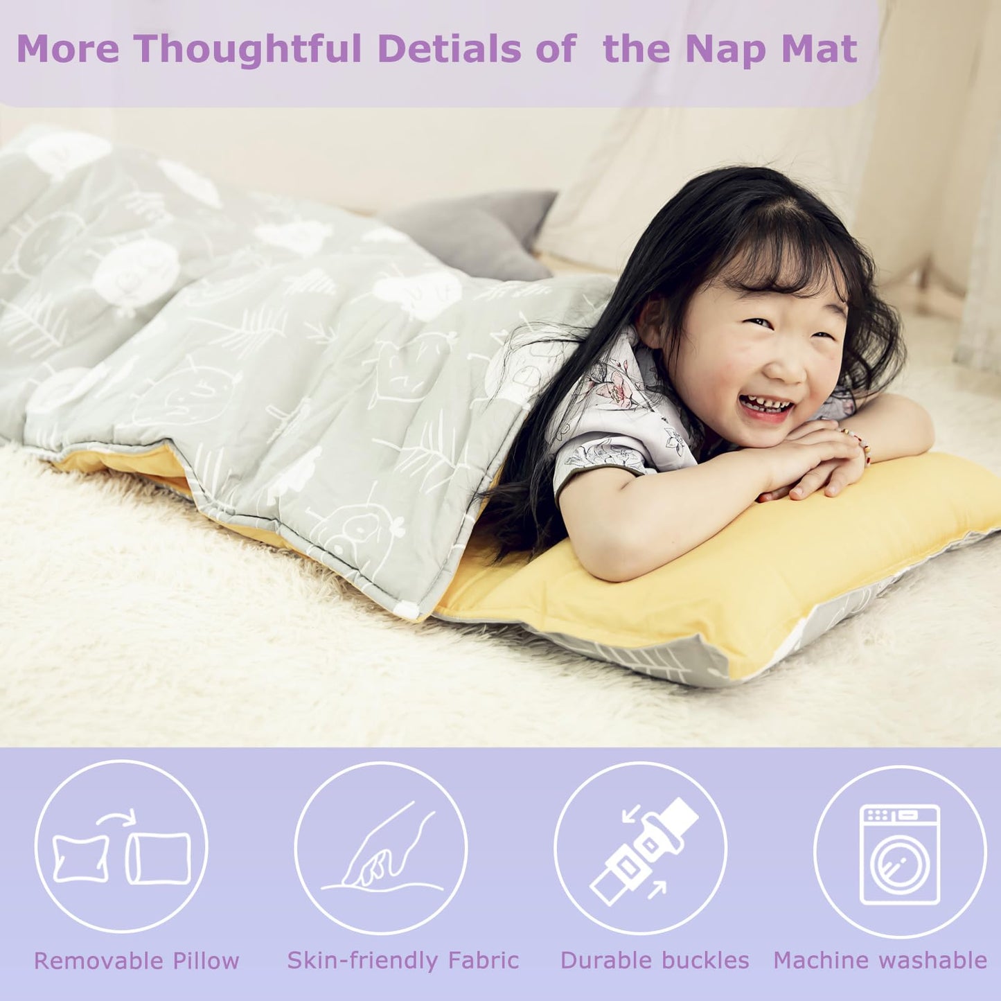 Hi Sprout Nap Mat with Removable Pillow & Soft Blanket | 3-in-1 Travel Slumber (Blooming Flowers)
