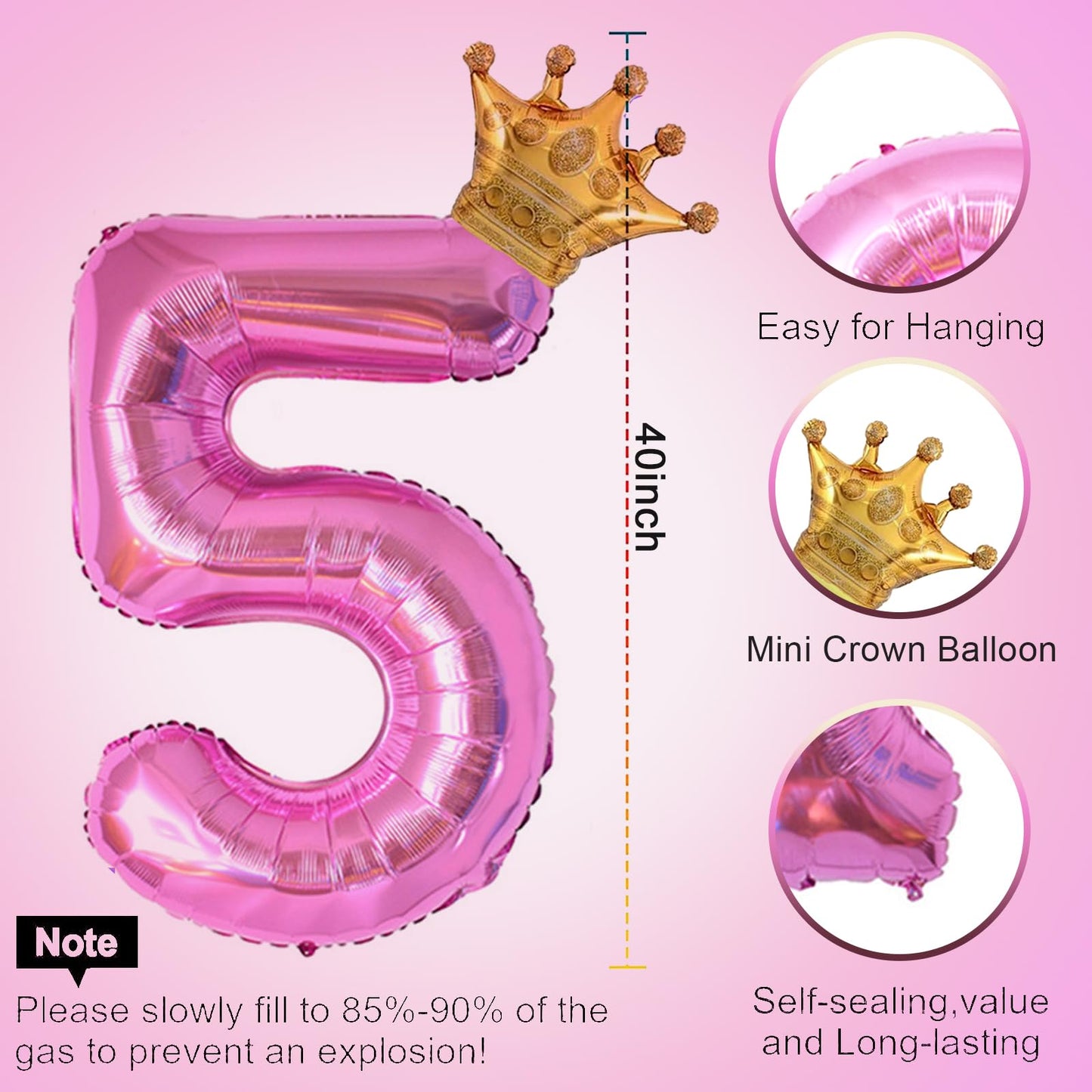 HIBILDER 40-Inch Hot Pink Number 5 & Mini Crown Balloon for Birthday Parties, Baby Showers & Celebrations