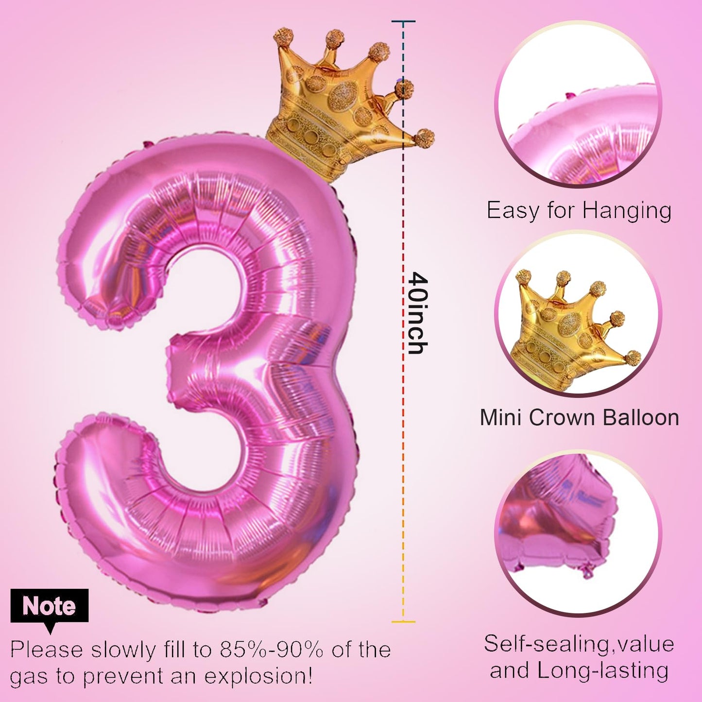 HIBILDER 40-Inch Hot Pink Number 3 & Mini Crown Balloon for Birthday Party Decorations