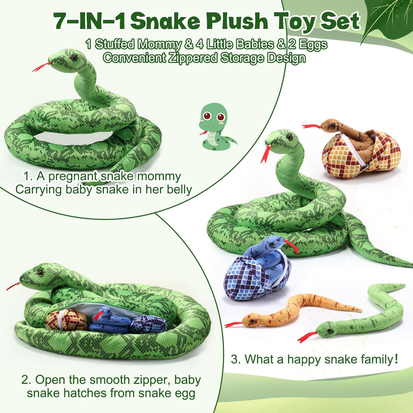 Hiboom 118-Inch Giant Snake Plush Set – 7-Piece Realistic Mother Snake with Babies & Eggs