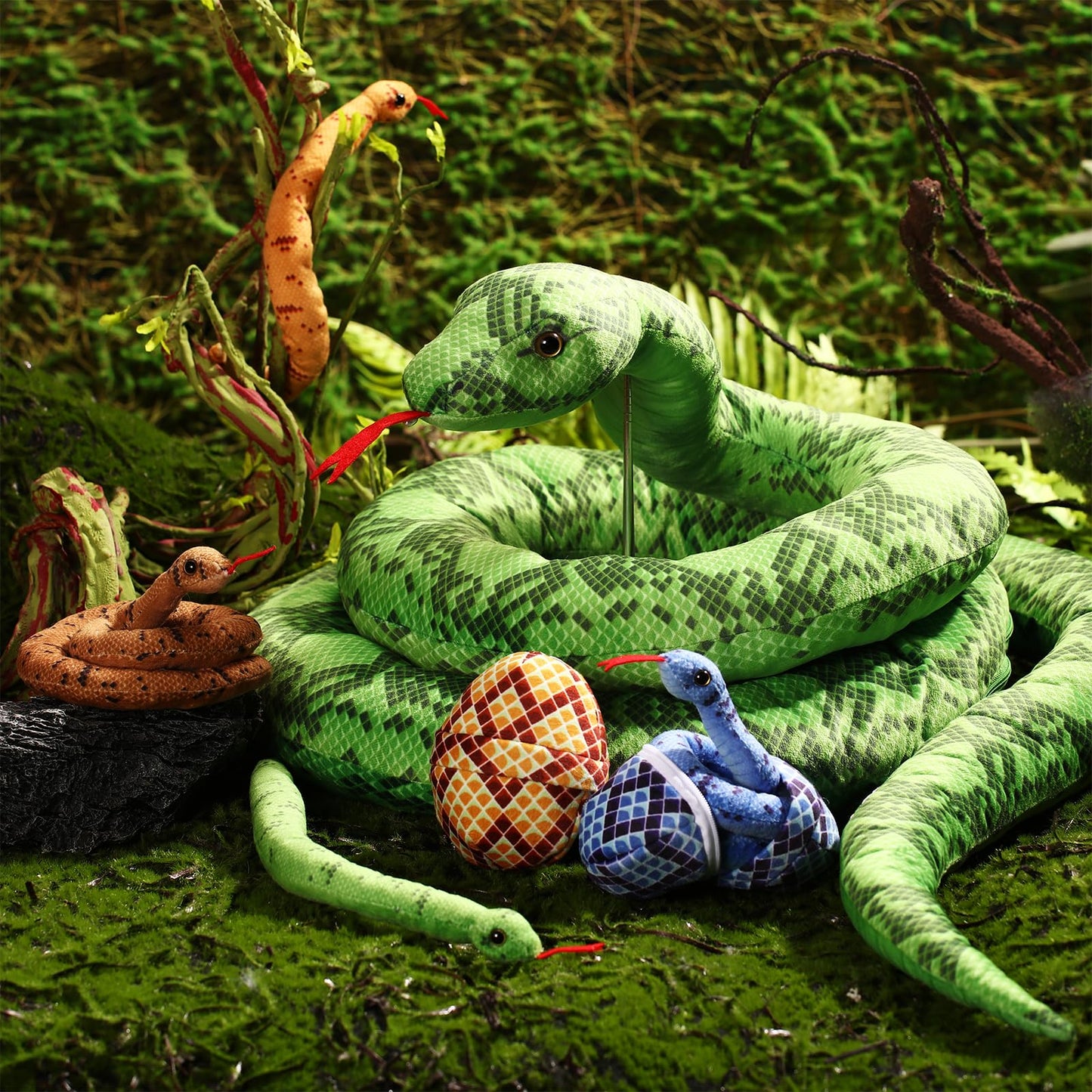 Hiboom 118-Inch Giant Snake Plush Set – 7-Piece Realistic Mother Snake with Babies & Eggs