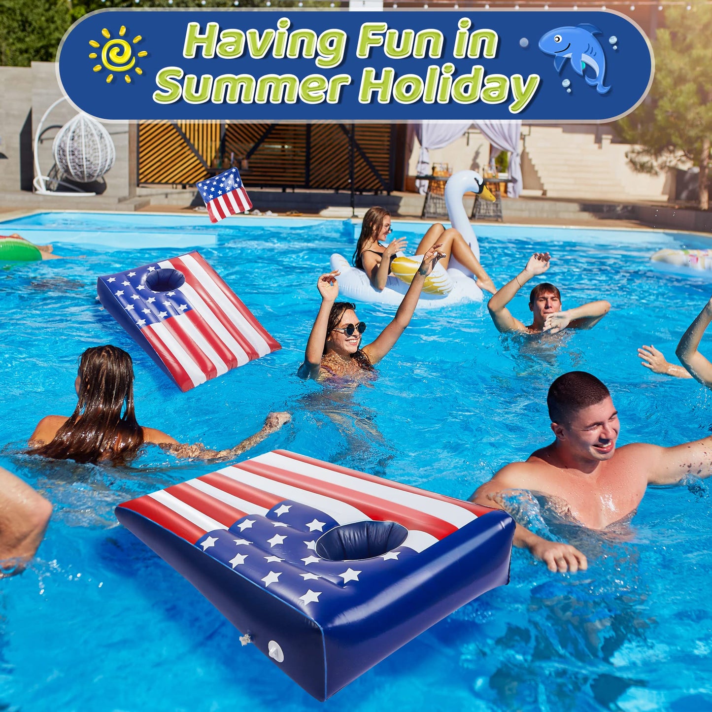Hiboom Pool Cornhole Inflatable – American Flag Theme, 8 Bean Bags Included (2 Sets)