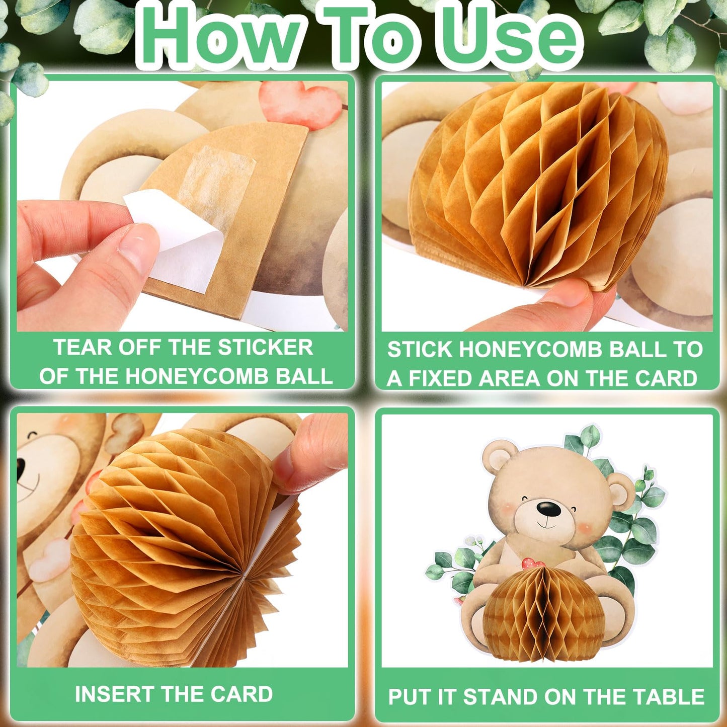 Hiboom 8 Pcs Bear Baby Shower Honeycomb Centerpieces – Cute Party Table Decor