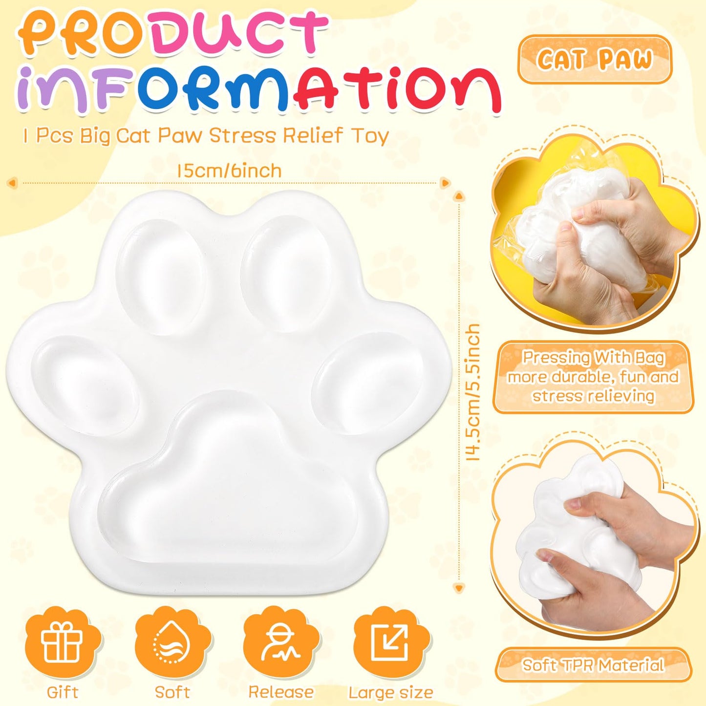 Hiboom Cat Paw Stress Relief Squeeze Toy – 6-Inch Large Clear Silicone Fidget