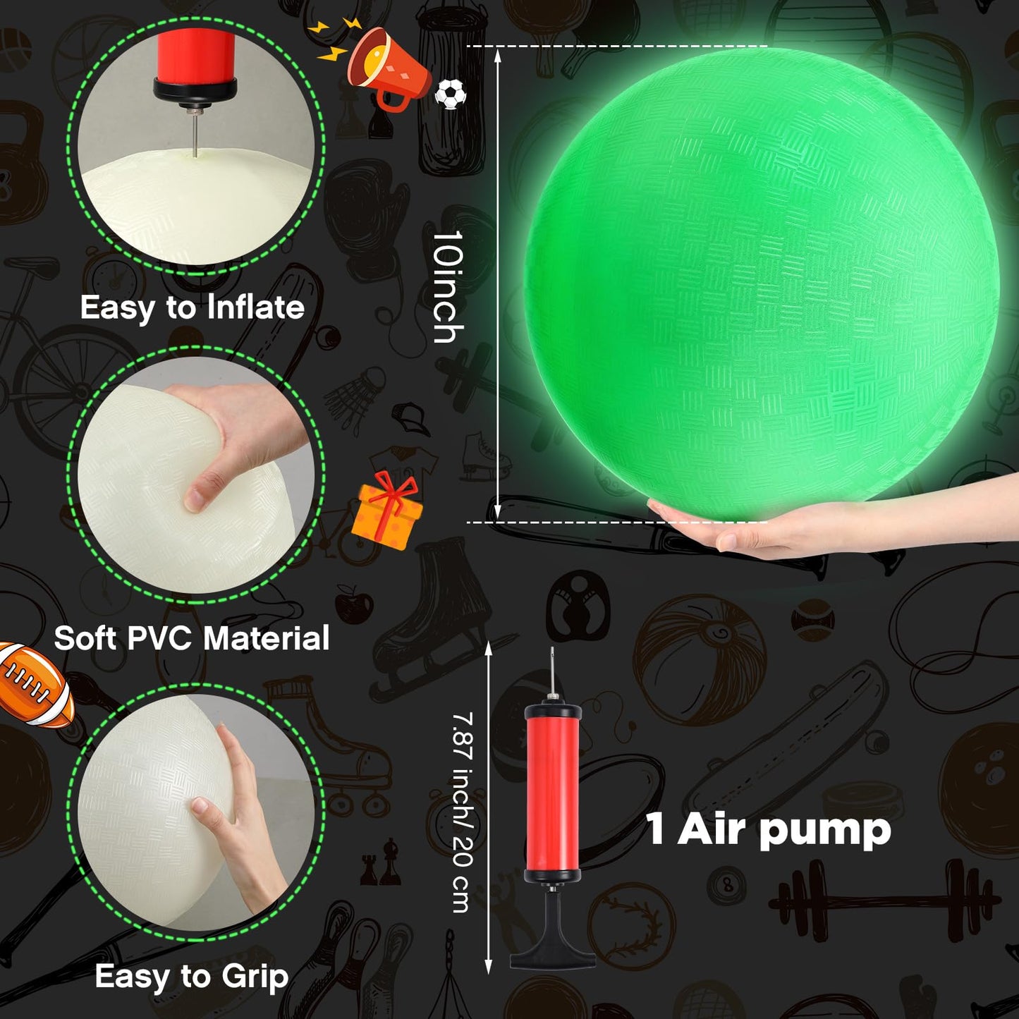 Hiboom 6-Pack Glow-in-the-Dark Kickballs - 10in Light-Up Dodgeballs with Pump