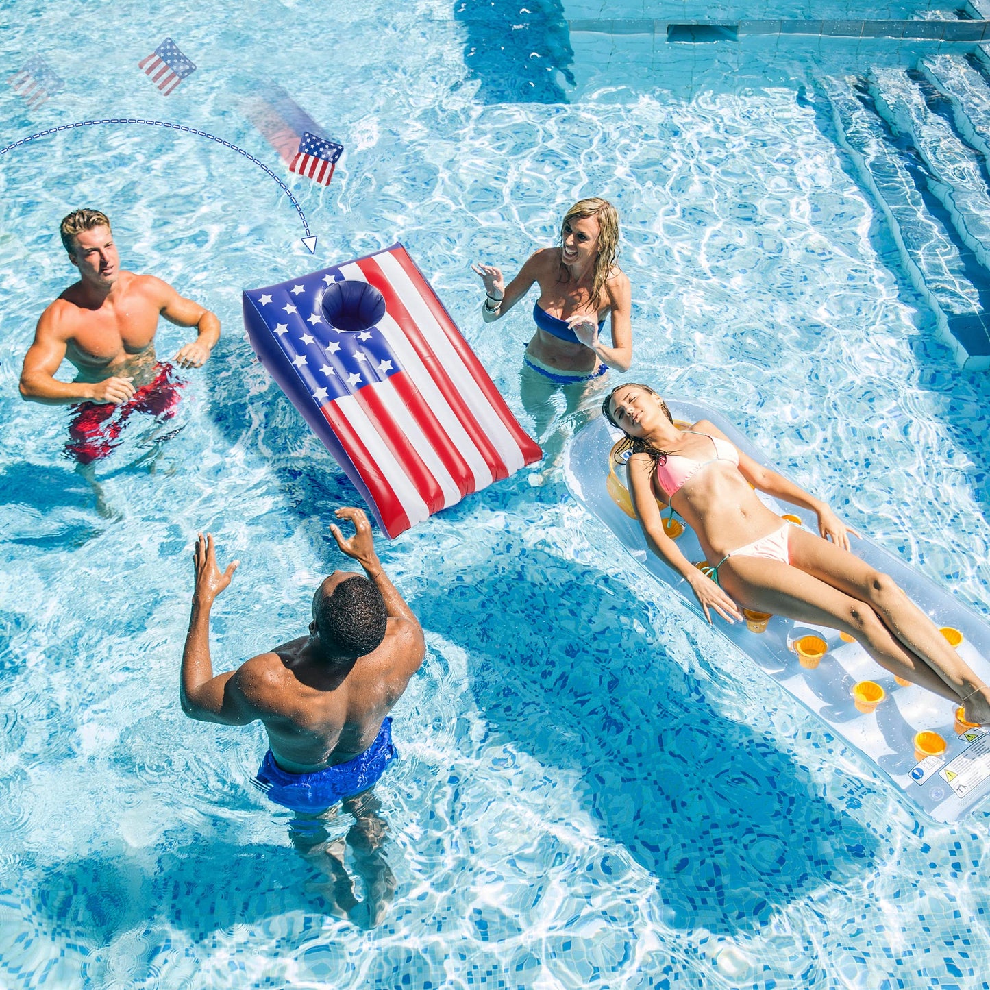 Hiboom Pool Cornhole Inflatable – American Flag Theme, 8 Bean Bags Included (2 Sets)