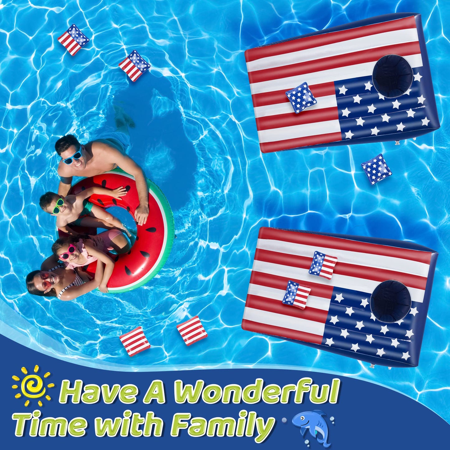 Hiboom Pool Cornhole Inflatable – American Flag Theme, 8 Bean Bags Included (2 Sets)
