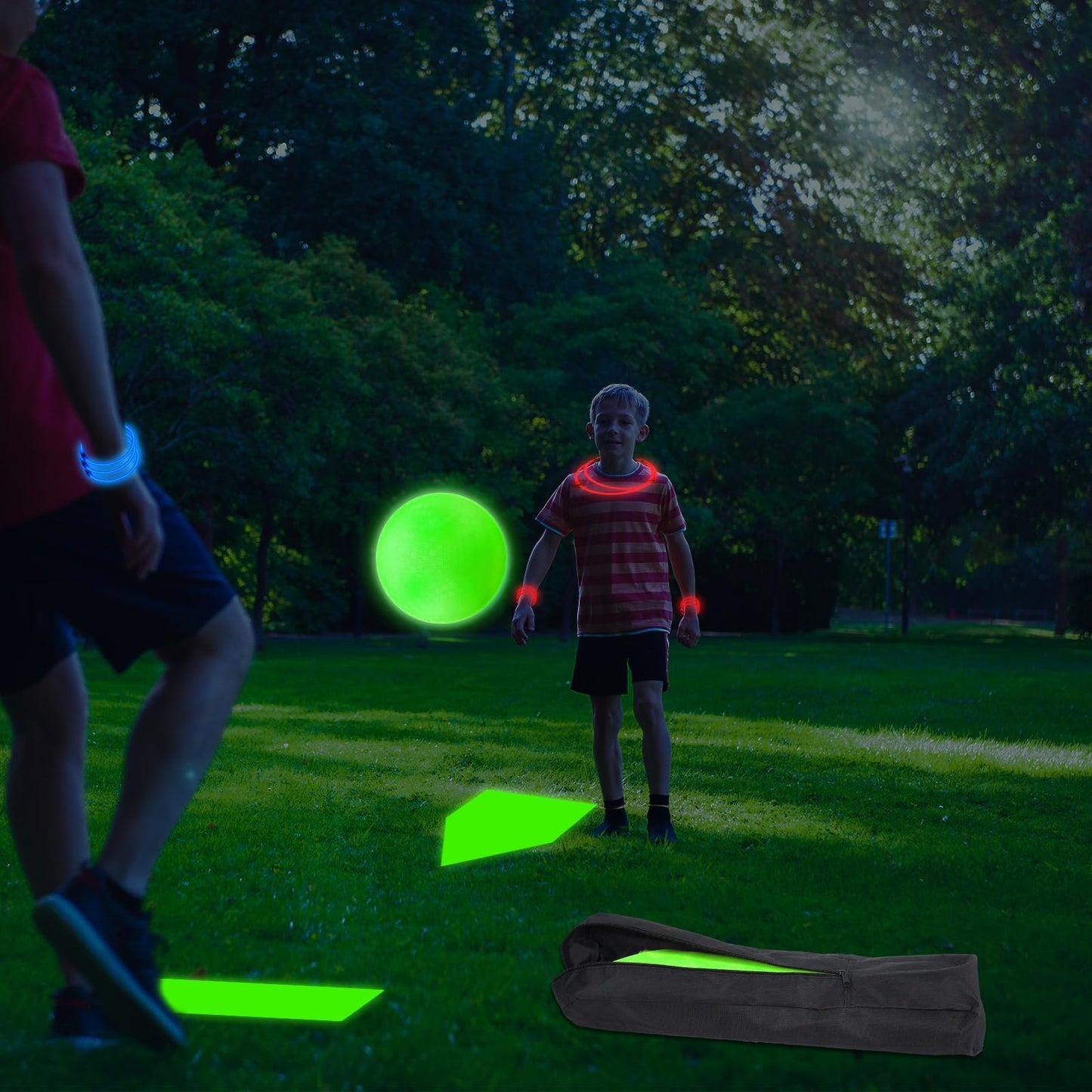 Hiboom Glow Kickball Dodgeball Set — 10in Balls, 5 Bases, 100 Glow Sticks, Pump & Bag