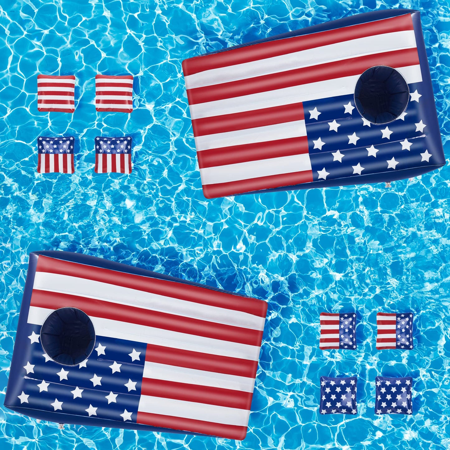 Hiboom Pool Cornhole Inflatable – American Flag Theme, 8 Bean Bags Included (2 Sets)