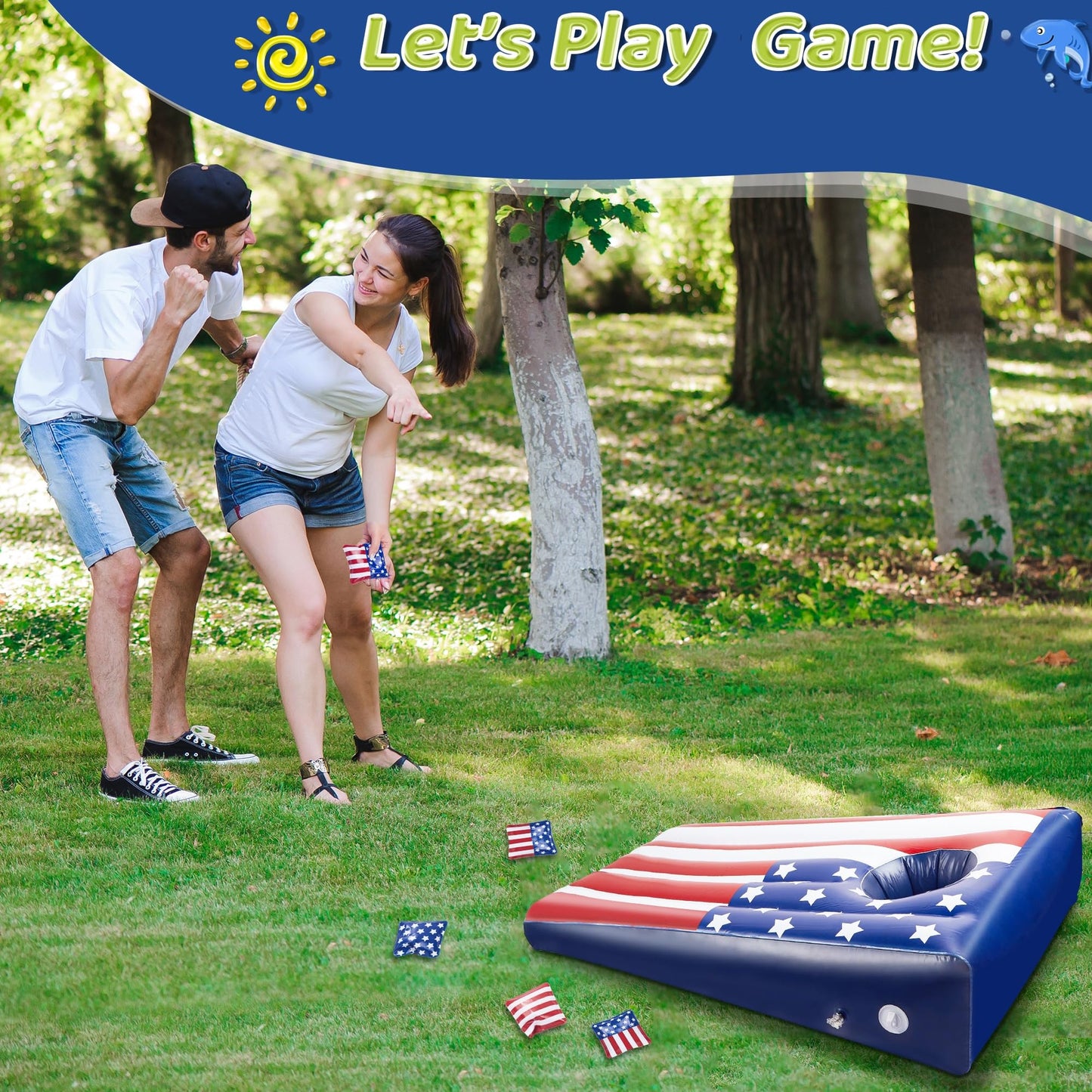 Hiboom Pool Cornhole Inflatable – American Flag Theme, 8 Bean Bags Included (2 Sets)
