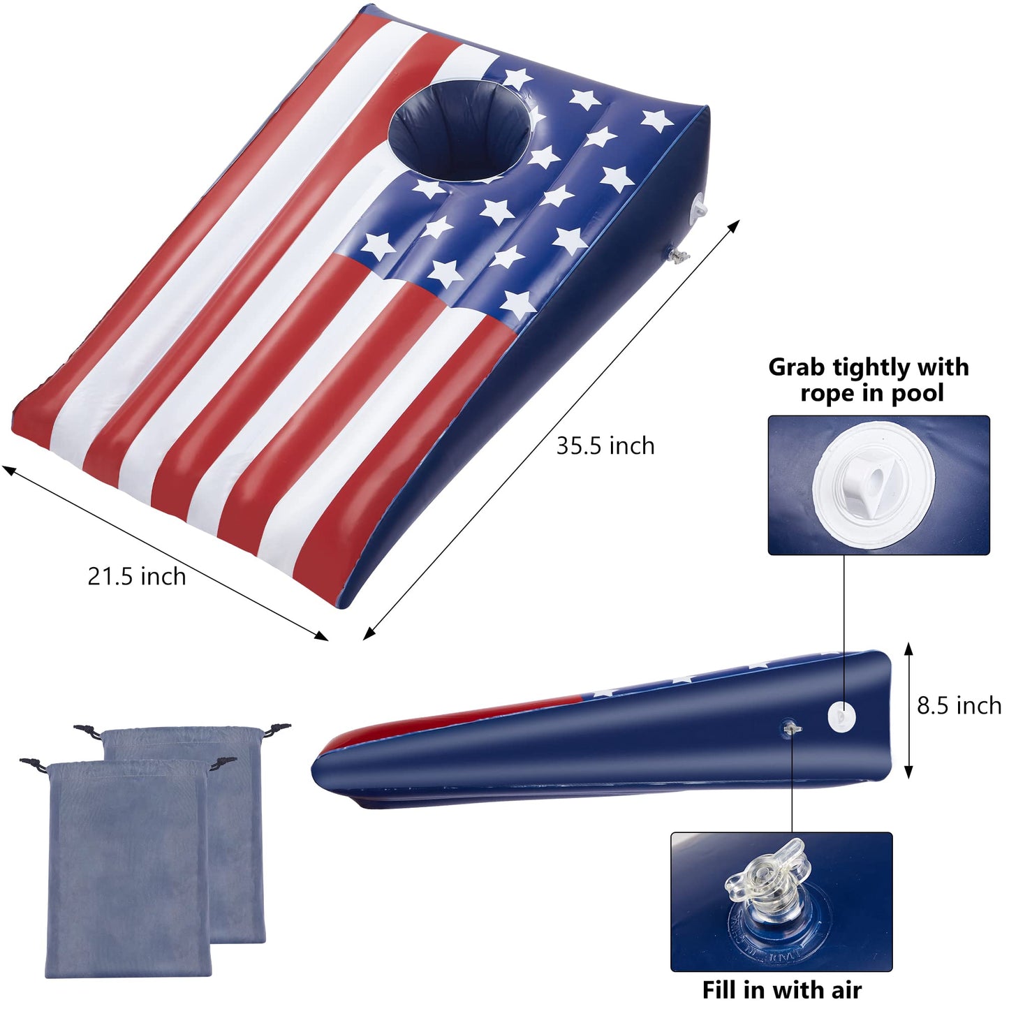 Hiboom Pool Cornhole Inflatable – American Flag Theme, 8 Bean Bags Included (2 Sets)