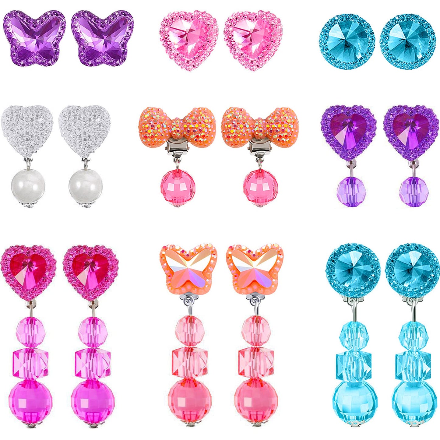 Hicarer 9 Pairs Girls Clip-On Earrings – Pretend Princess Jewelry Set in Bright Colors