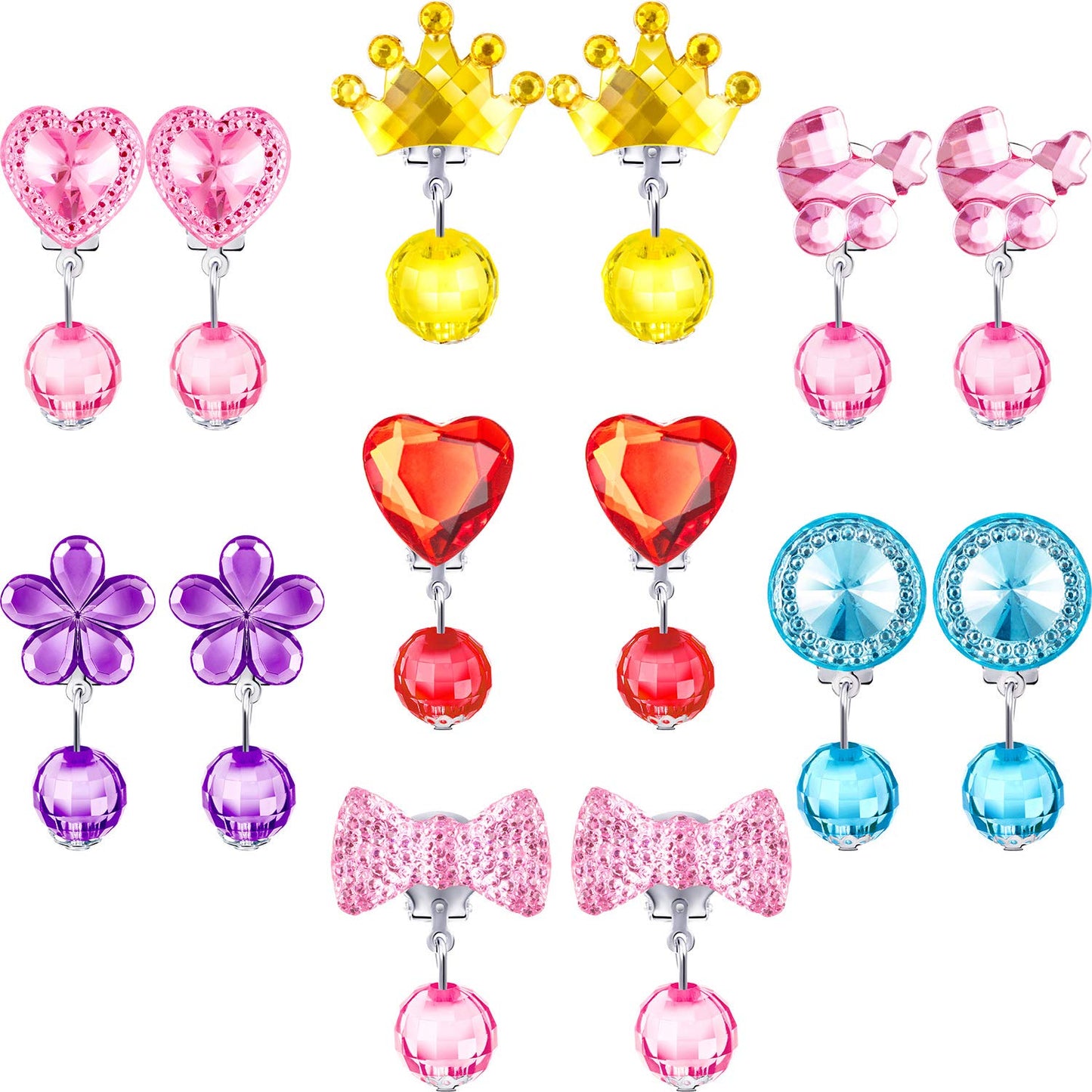 Hicarer 7 Pairs Girls Clip-On Earrings – Crystal Drop Princess Jewelry Set with Box