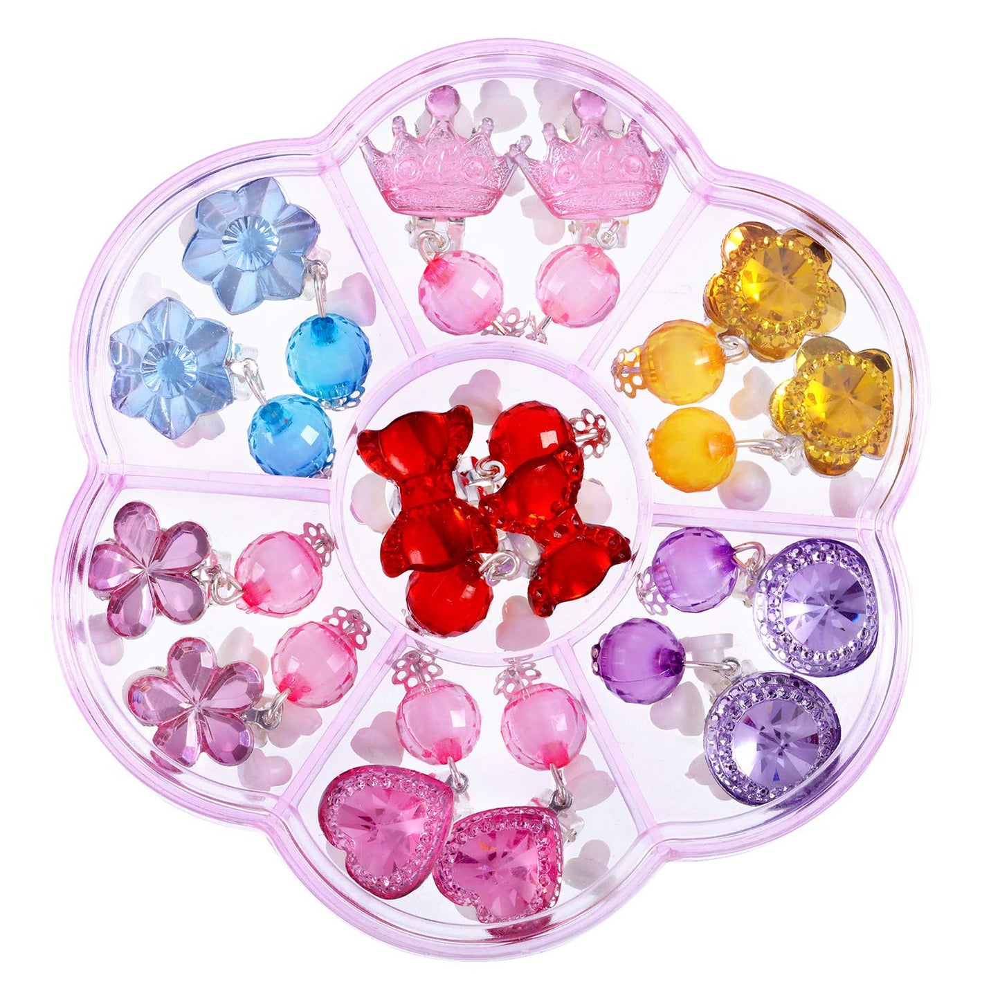 Hicarer 7 Pairs Clip-On Earrings for Girls – Crystal Princess Set in Pink Box