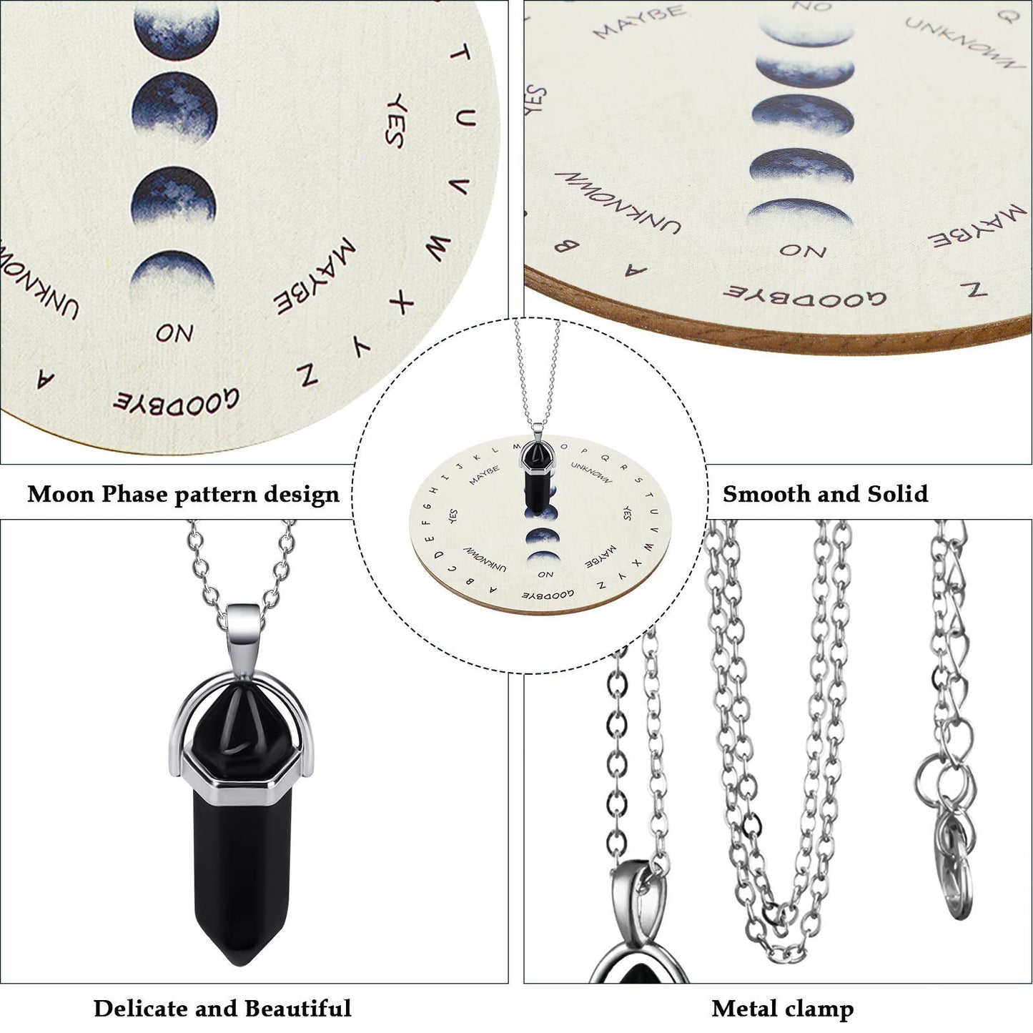 Hicarer Moon Phase Pendulum Board with Black Obsidian Necklace – Wood Dowsing Board for Divination, 4 Inch