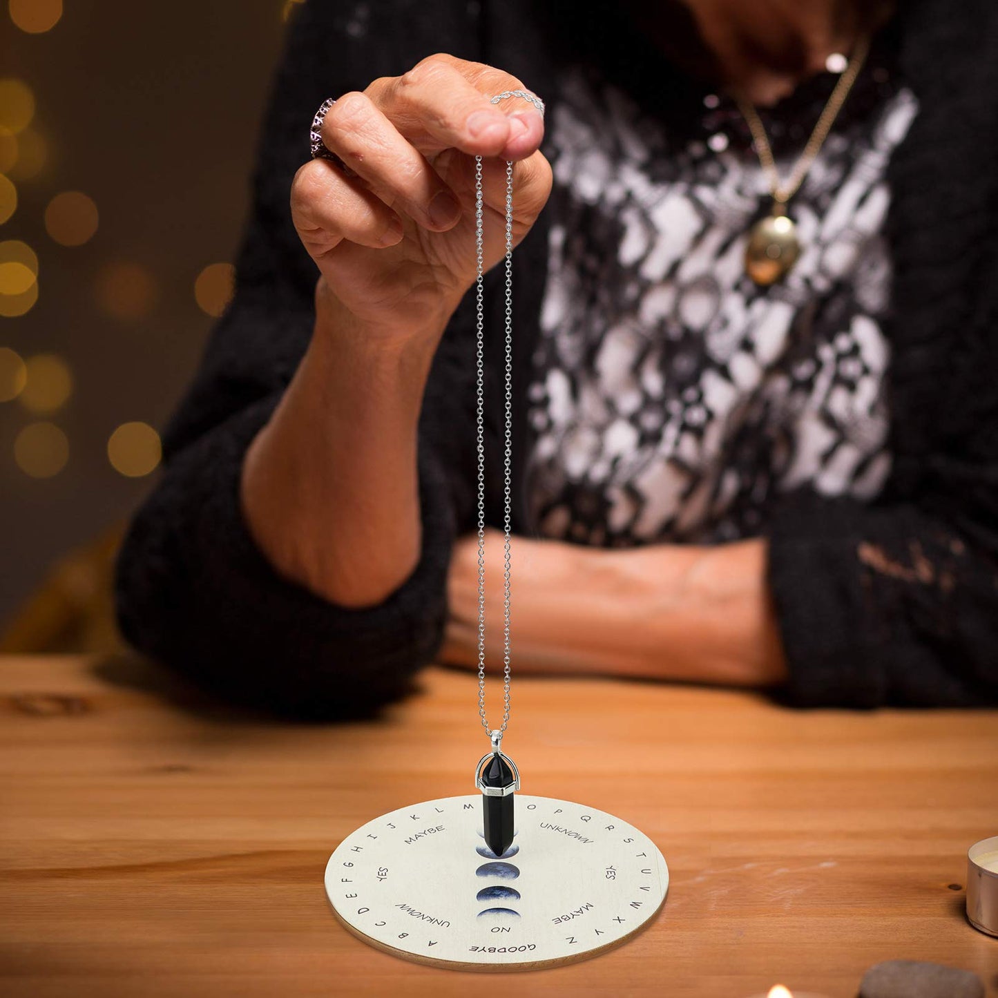 Hicarer Moon Phase Pendulum Board with Black Obsidian Necklace – Wood Dowsing Board for Divination, 4 Inch