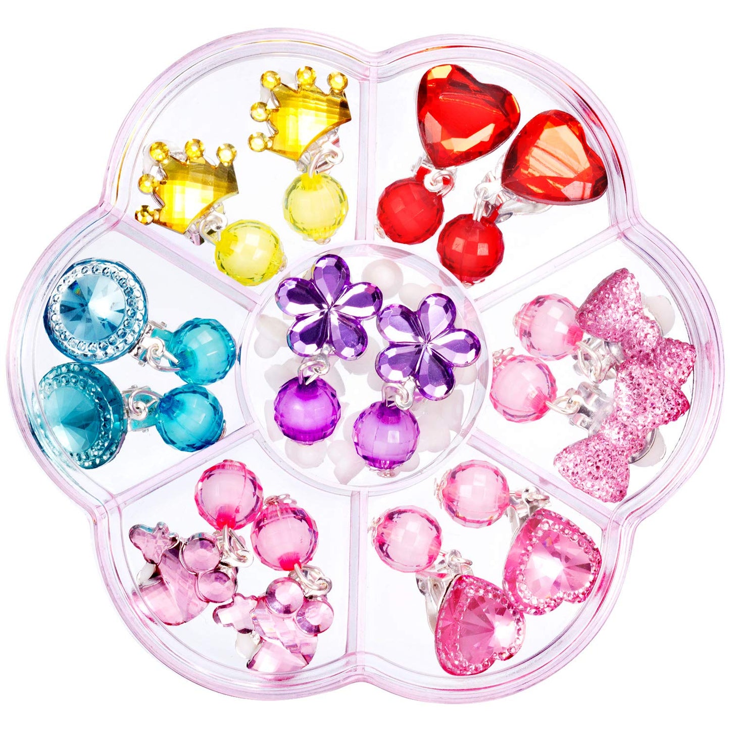 Hicarer 7 Pairs Girls Clip-On Earrings – Crystal Drop Princess Jewelry Set with Box