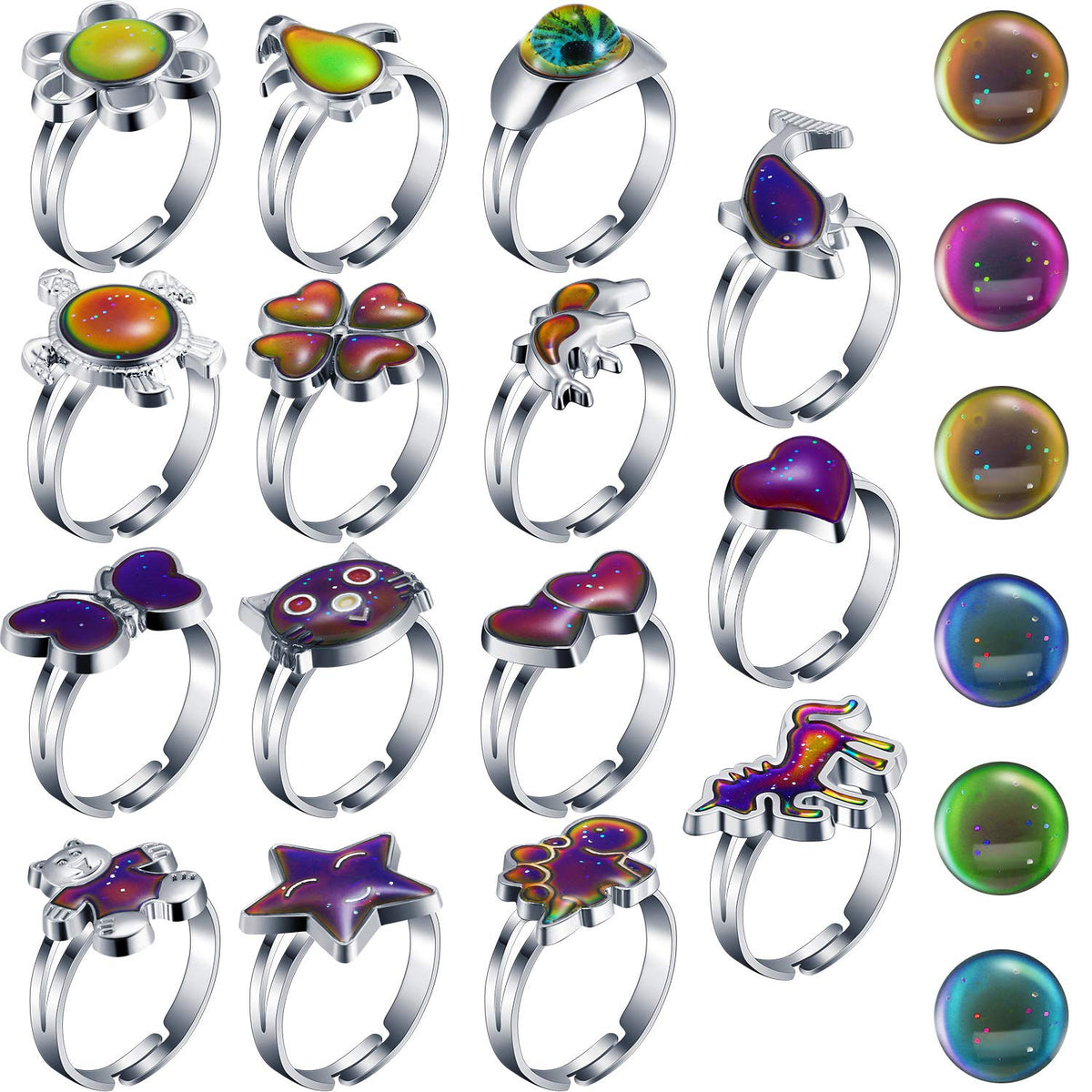 Hicarer 15-Piece Mood Rings for Kids – Adjustable Color-Changing Animal Design Set