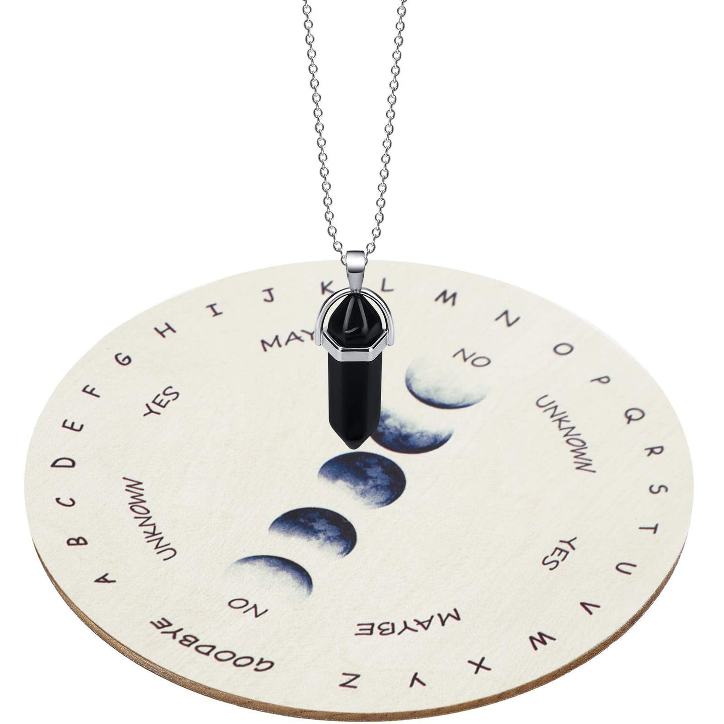 Hicarer Moon Phase Pendulum Board with Black Obsidian Necklace – Wood Dowsing Board for Divination, 4 Inch